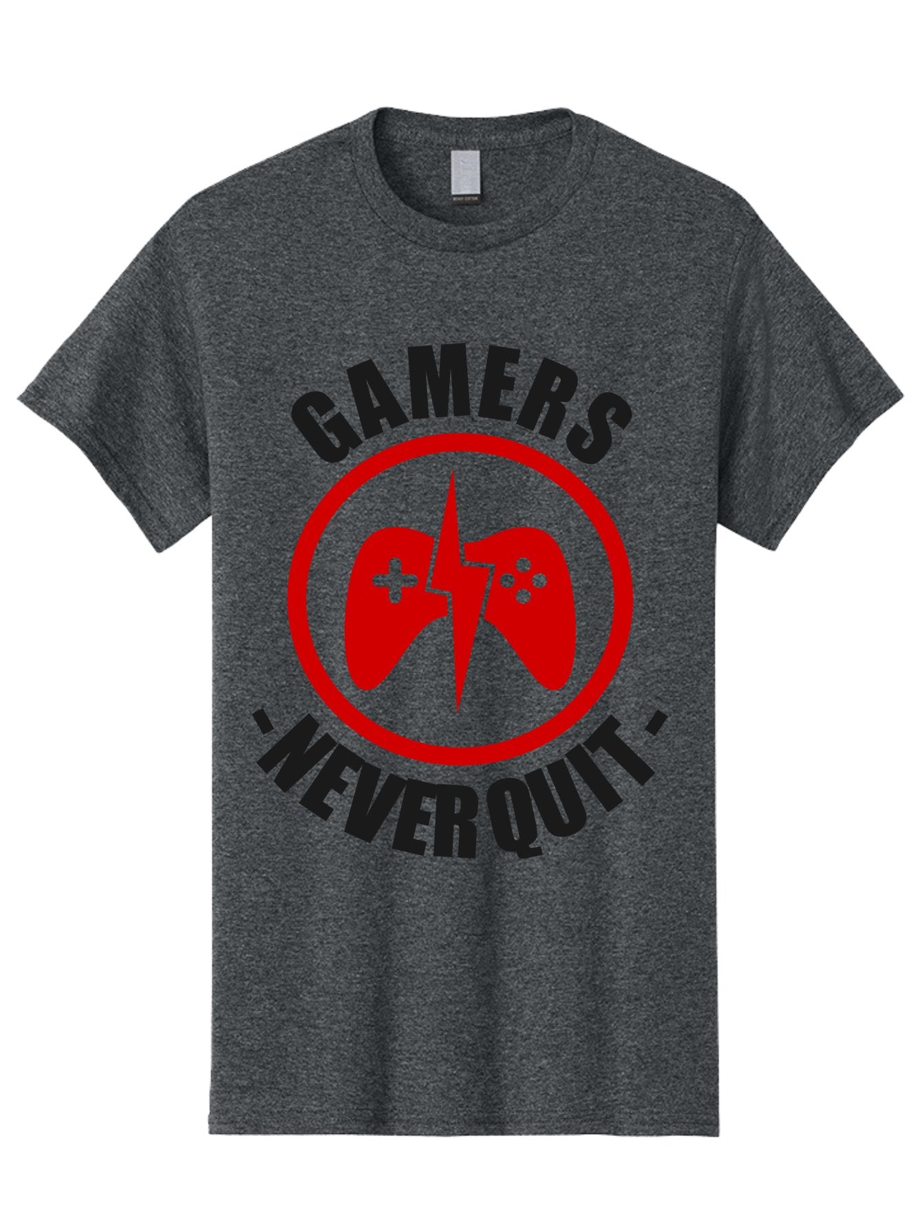 Gamers-Never-Quit Men'S Graphic Tee, 100% Cotton, Comfortable Casual Summer Wear, Machine Washable, Gaming Logo, Red Gamepad Symbol, Bold Typography, Motivational Quote, Never Quit Attitude, Gaming Culture, Gamer Spirit -  Aaa638