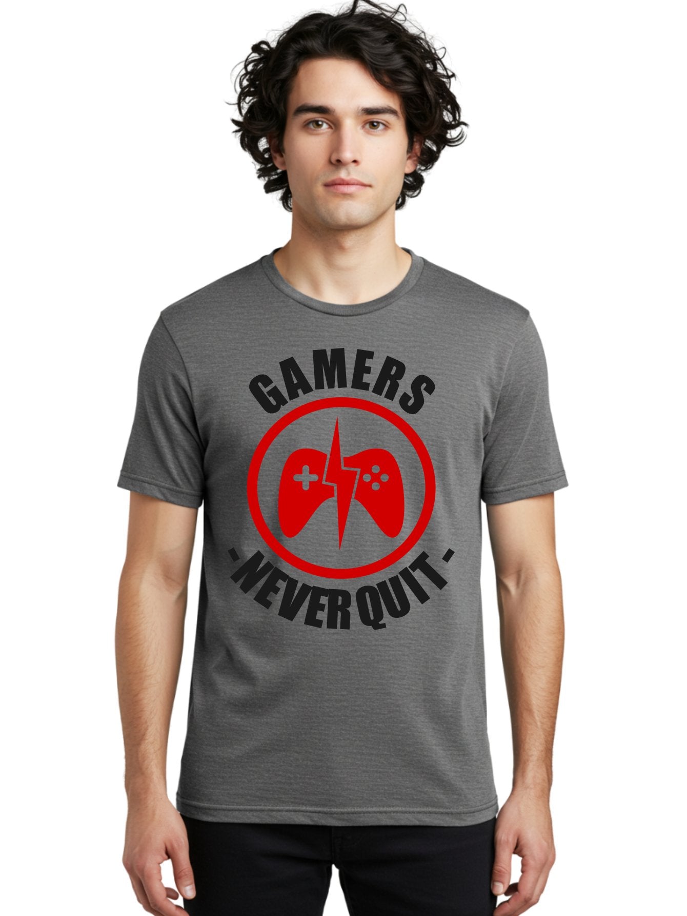 Gamers-Never-Quit Men'S Graphic Tee, 100% Cotton, Comfortable Casual Summer Wear, Machine Washable, Gaming Logo, Red Gamepad Symbol, Bold Typography, Motivational Quote, Never Quit Attitude, Gaming Culture, Gamer Spirit -  Aaa638 29