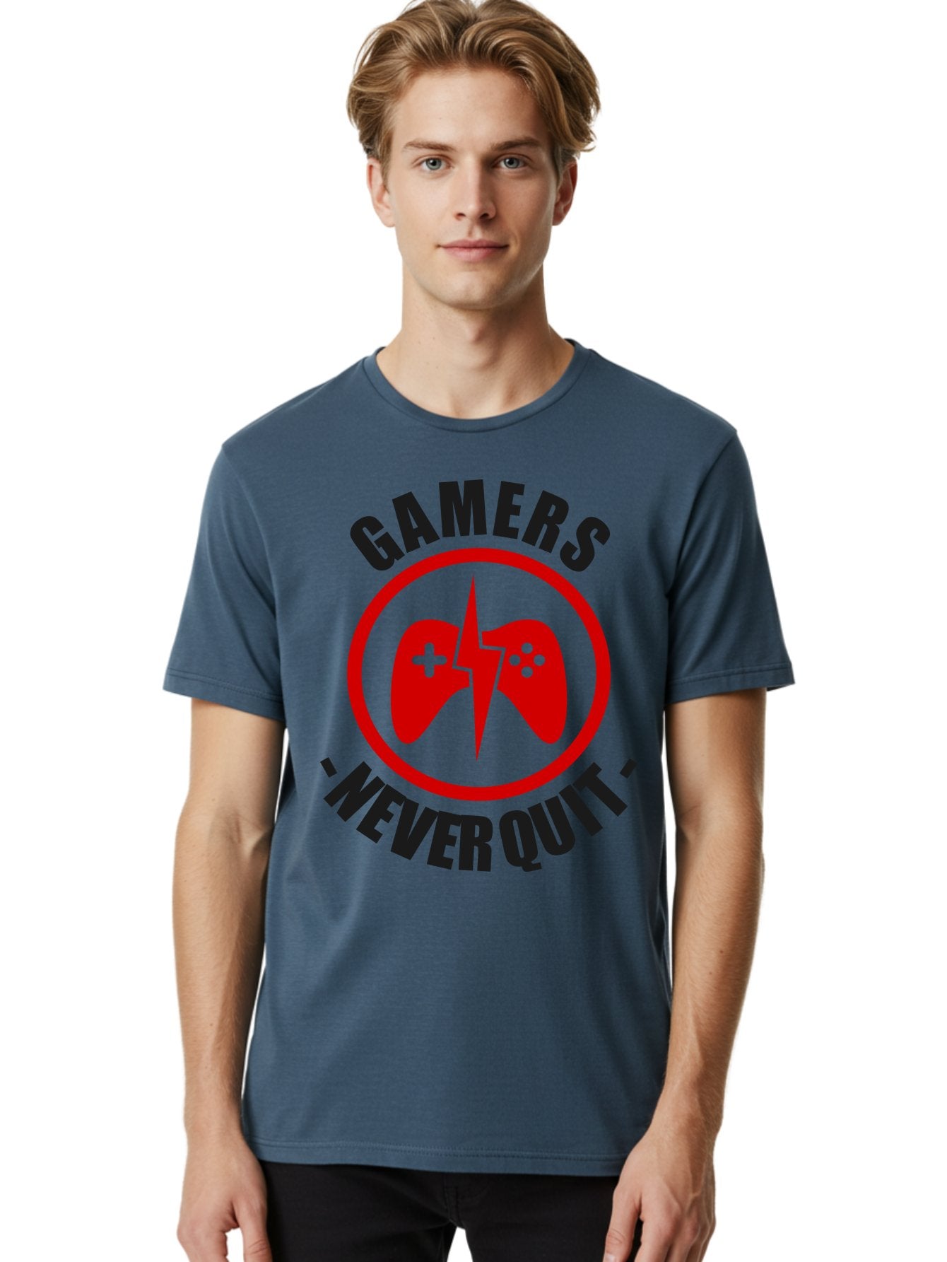 Gamers-Never-Quit Men'S Graphic Tee, 100% Cotton, Comfortable Casual Summer Wear, Machine Washable, Gaming Logo, Red Gamepad Symbol, Bold Typography, Motivational Quote, Never Quit Attitude, Gaming Culture, Gamer Spirit -  Aaa638 23