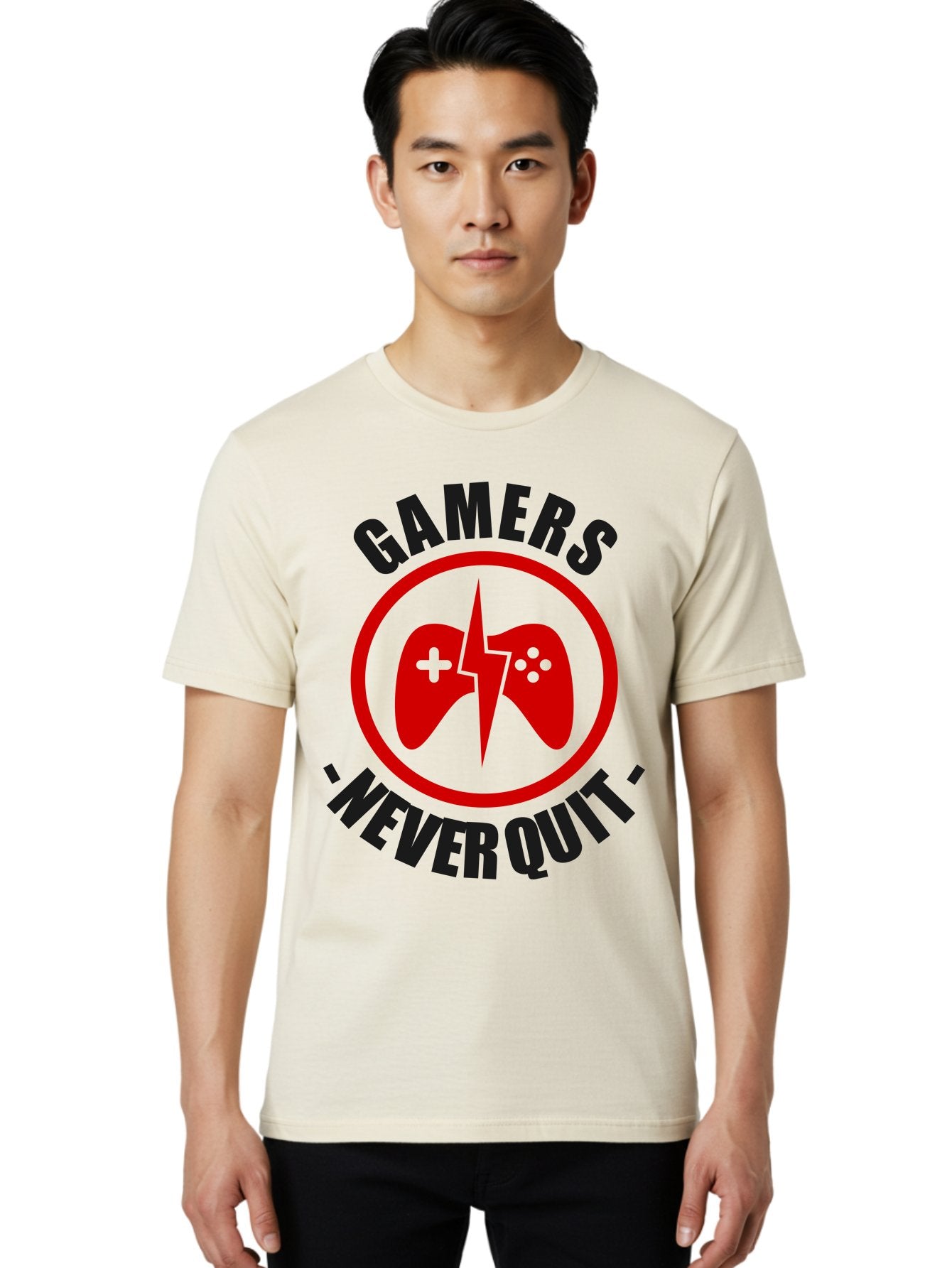 Gamers-Never-Quit Men'S Graphic Tee, 100% Cotton, Comfortable Casual Summer Wear, Machine Washable, Gaming Logo, Red Gamepad Symbol, Bold Typography, Motivational Quote, Never Quit Attitude, Gaming Culture, Gamer Spirit -  Aaa638 28