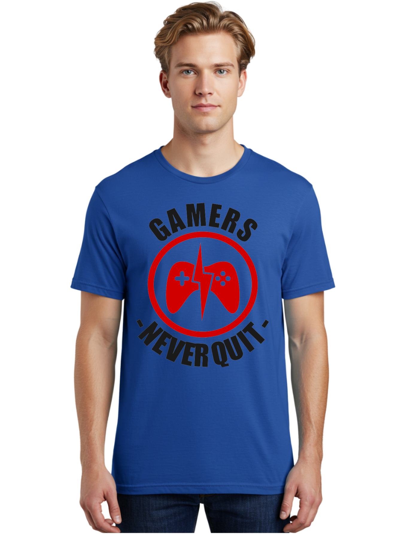 Gamers-Never-Quit Men'S Graphic Tee, 100% Cotton, Comfortable Casual Summer Wear, Machine Washable, Gaming Logo, Red Gamepad Symbol, Bold Typography, Motivational Quote, Never Quit Attitude, Gaming Culture, Gamer Spirit -  Aaa638 26