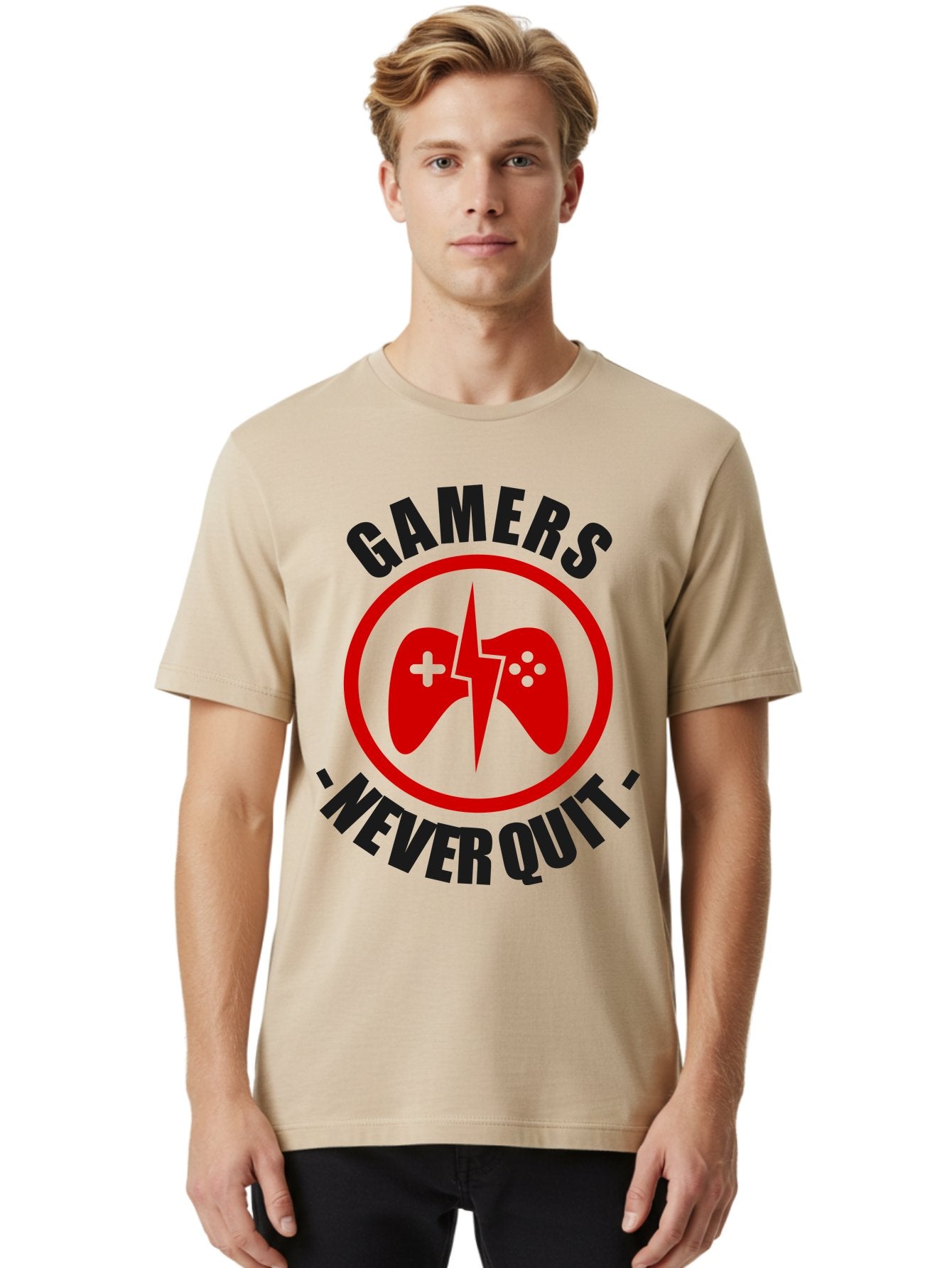 Gamers-Never-Quit Men'S Graphic Tee, 100% Cotton, Comfortable Casual Summer Wear, Machine Washable, Gaming Logo, Red Gamepad Symbol, Bold Typography, Motivational Quote, Never Quit Attitude, Gaming Culture, Gamer Spirit -  Aaa638 17