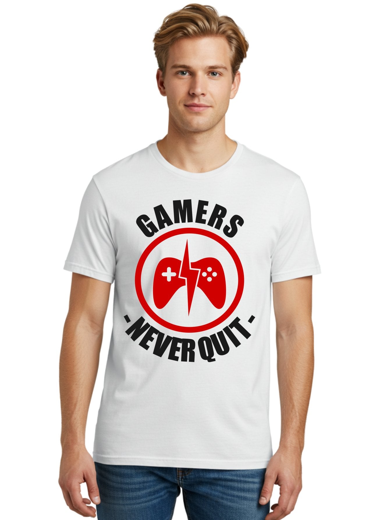Gamers-Never-Quit Men'S Graphic Tee, 100% Cotton, Comfortable Casual Summer Wear, Machine Washable, Gaming Logo, Red Gamepad Symbol, Bold Typography, Motivational Quote, Never Quit Attitude, Gaming Culture, Gamer Spirit -  Aaa638 18
