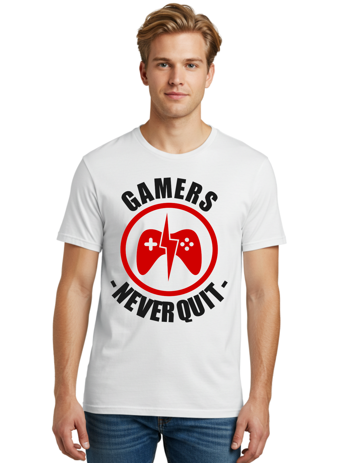 Gamers-Never-Quit Men'S Graphic Tee, 100% Cotton, Comfortable Casual Summer Wear, Machine Washable, Gaming Logo, Red Gamepad Symbol, Bold Typography, Motivational Quote, Never Quit Attitude, Gaming Culture, Gamer Spirit -  Aaa638 12