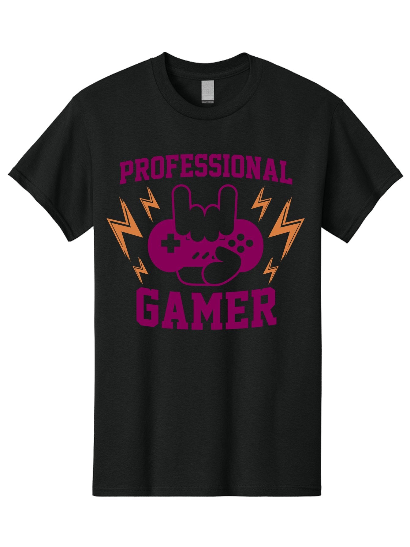 Professional-Gamer Men'S Graphic Tee, 100% Cotton, Comfortable Casual Summer Wear, Machine Washable, Professional Gamer, Gaming Logo, Video Game Controller, Rock On Hand Sign, Esports Branding, Gaming Culture, Purple And Green Graphics, -  Aaa658