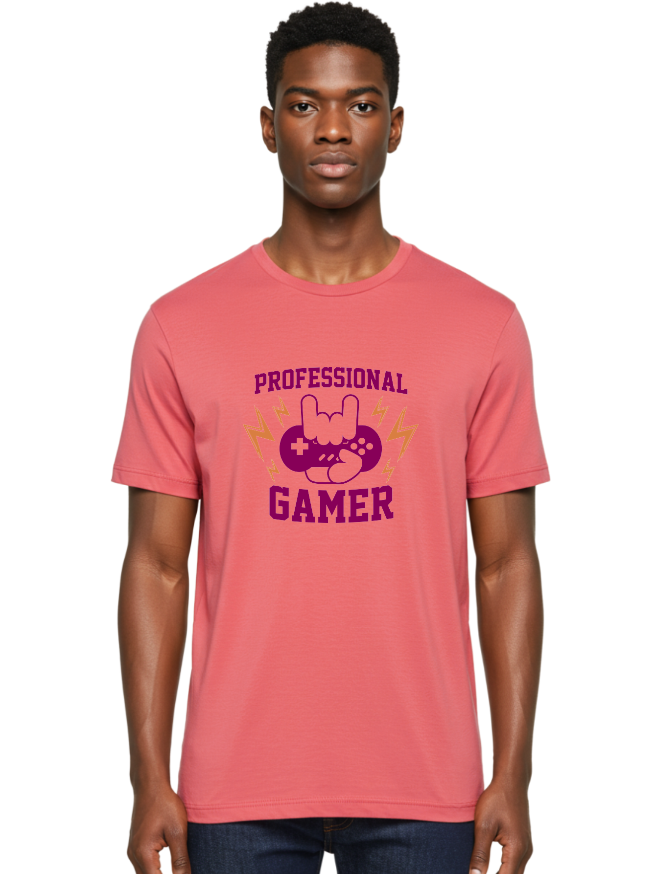 Professional-Gamer Men'S Graphic Tee, 100% Cotton, Comfortable Casual Summer Wear, Machine Washable, Professional Gamer, Gaming Logo, Video Game Controller, Rock On Hand Sign, Esports Branding, Gaming Culture, Purple And Green Graphics, -  Aaa658 26