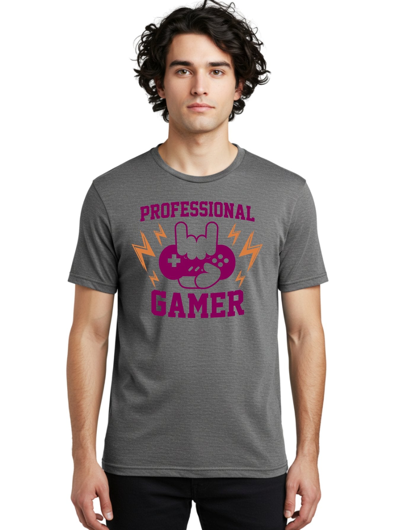 Professional-Gamer Men'S Graphic Tee, 100% Cotton, Comfortable Casual Summer Wear, Machine Washable, Professional Gamer, Gaming Logo, Video Game Controller, Rock On Hand Sign, Esports Branding, Gaming Culture, Purple And Green Graphics, -  Aaa658 26