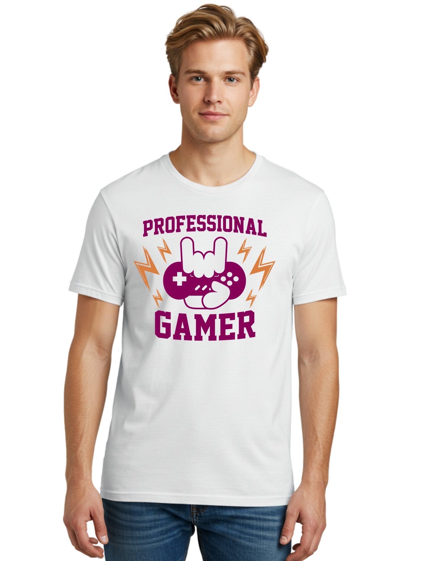 Professional-Gamer Men'S Graphic Tee, 100% Cotton, Comfortable Casual Summer Wear, Machine Washable, Professional Gamer, Gaming Logo, Video Game Controller, Rock On Hand Sign, Esports Branding, Gaming Culture, Purple And Green Graphics, -  Aaa658 16
