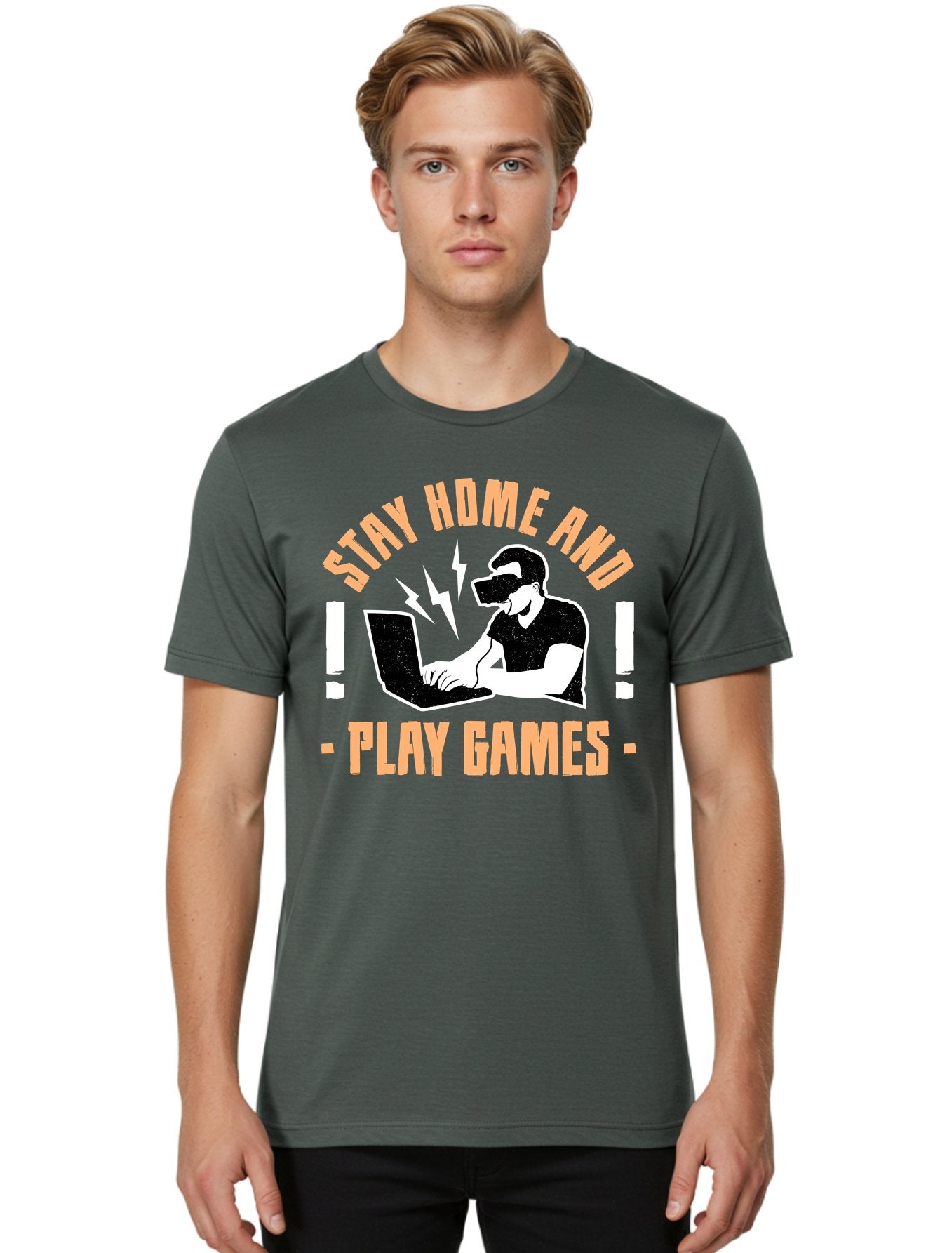 Stay-Home-And-Play-Games Men'S Graphic Tee, 100% Cotton, Comfortable Casual Summer Wear, Machine Washable, Gamer Playing Games On Laptop, Virtual Reality Gaming, Online Gaming, Stay Home Message, Gaming Promotion, Vr Headset -  Aaa661 27