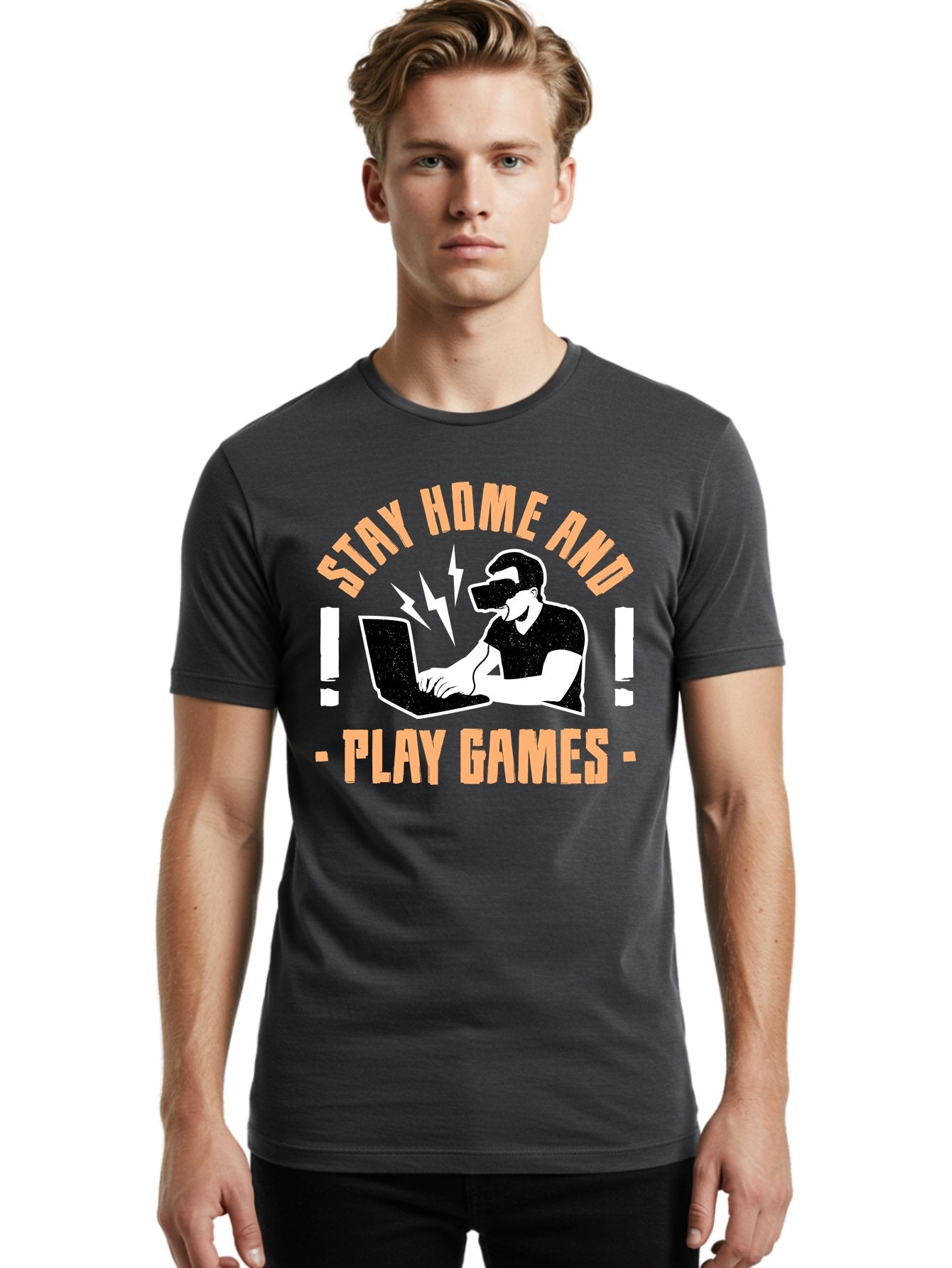 Stay-Home-And-Play-Games Men'S Graphic Tee, 100% Cotton, Comfortable Casual Summer Wear, Machine Washable, Gamer Playing Games On Laptop, Virtual Reality Gaming, Online Gaming, Stay Home Message, Gaming Promotion, Vr Headset -  Aaa661 28