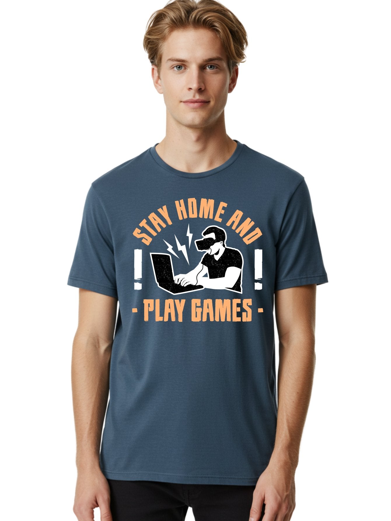 Stay-Home-And-Play-Games Men'S Graphic Tee, 100% Cotton, Comfortable Casual Summer Wear, Machine Washable, Gamer Playing Games On Laptop, Virtual Reality Gaming, Online Gaming, Stay Home Message, Gaming Promotion, Vr Headset -  Aaa661 25