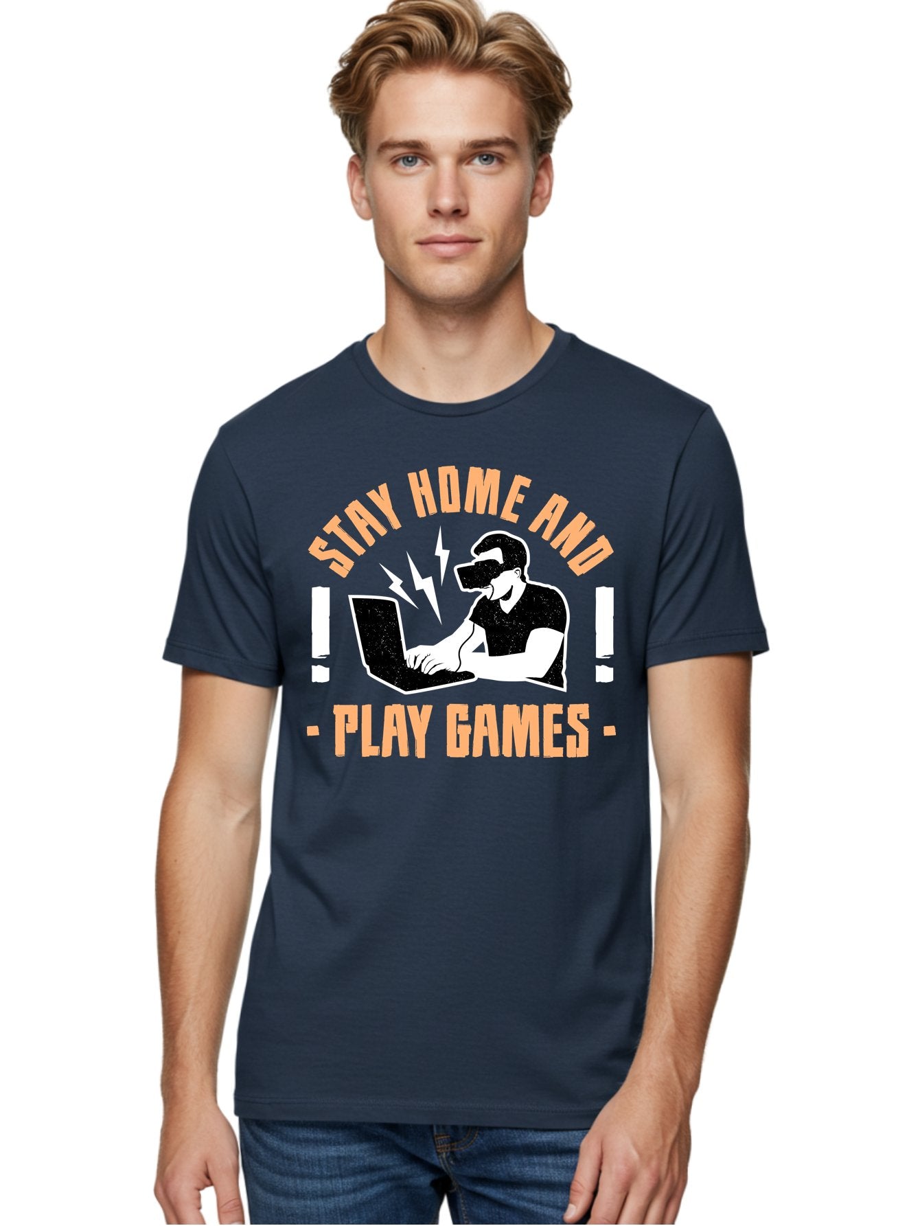Stay-Home-And-Play-Games Men'S Graphic Tee, 100% Cotton, Comfortable Casual Summer Wear, Machine Washable, Gamer Playing Games On Laptop, Virtual Reality Gaming, Online Gaming, Stay Home Message, Gaming Promotion, Vr Headset -  Aaa661 17