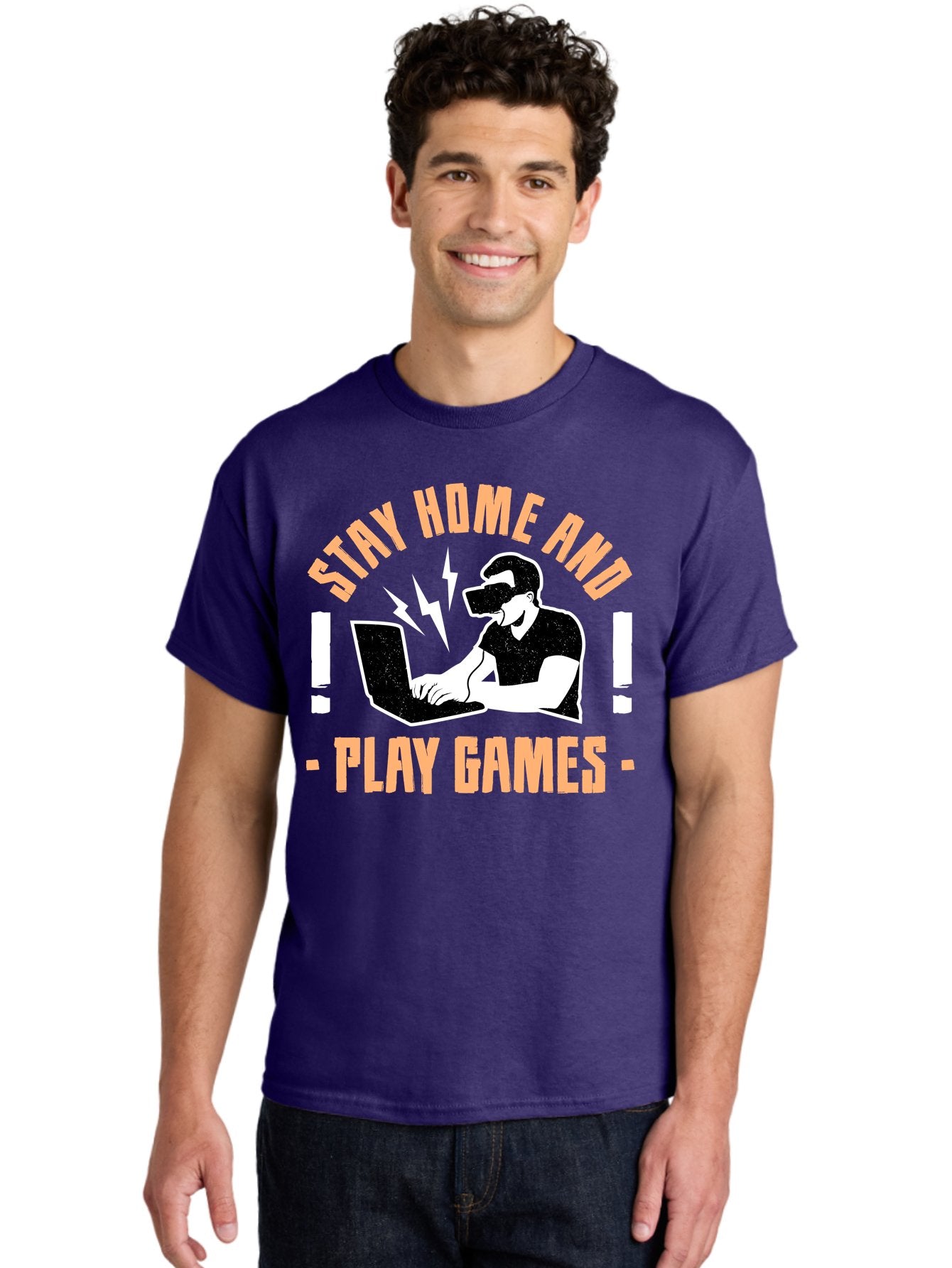 Stay-Home-And-Play-Games Men'S Graphic Tee, 100% Cotton, Comfortable Casual Summer Wear, Machine Washable, Gamer Playing Games On Laptop, Virtual Reality Gaming, Online Gaming, Stay Home Message, Gaming Promotion, Vr Headset -  Aaa661 19