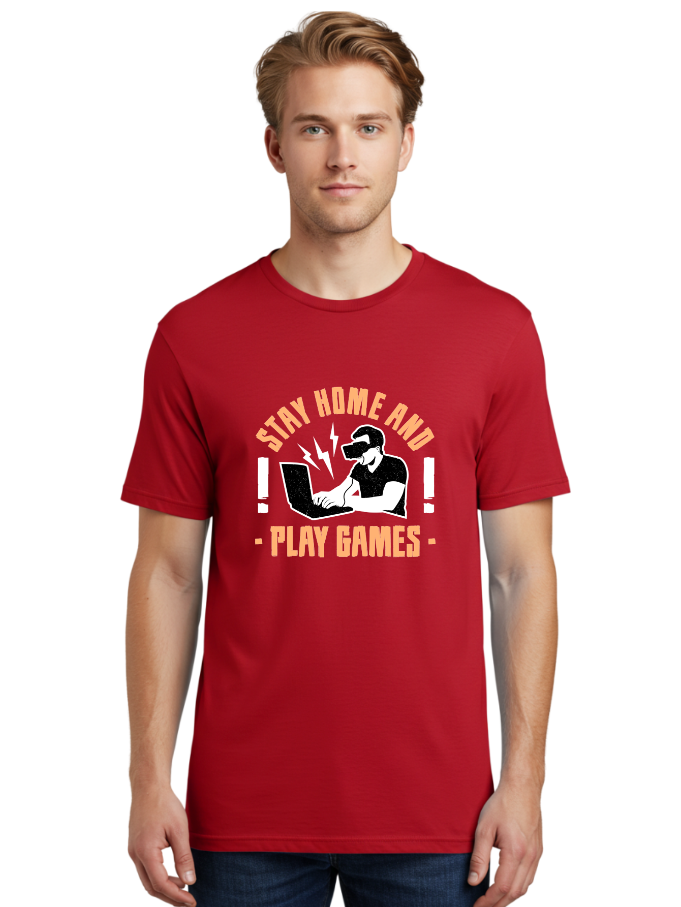 Stay-Home-And-Play-Games Men'S Graphic Tee, 100% Cotton, Comfortable Casual Summer Wear, Machine Washable, Gamer Playing Games On Laptop, Virtual Reality Gaming, Online Gaming, Stay Home Message, Gaming Promotion, Vr Headset -  Aaa661