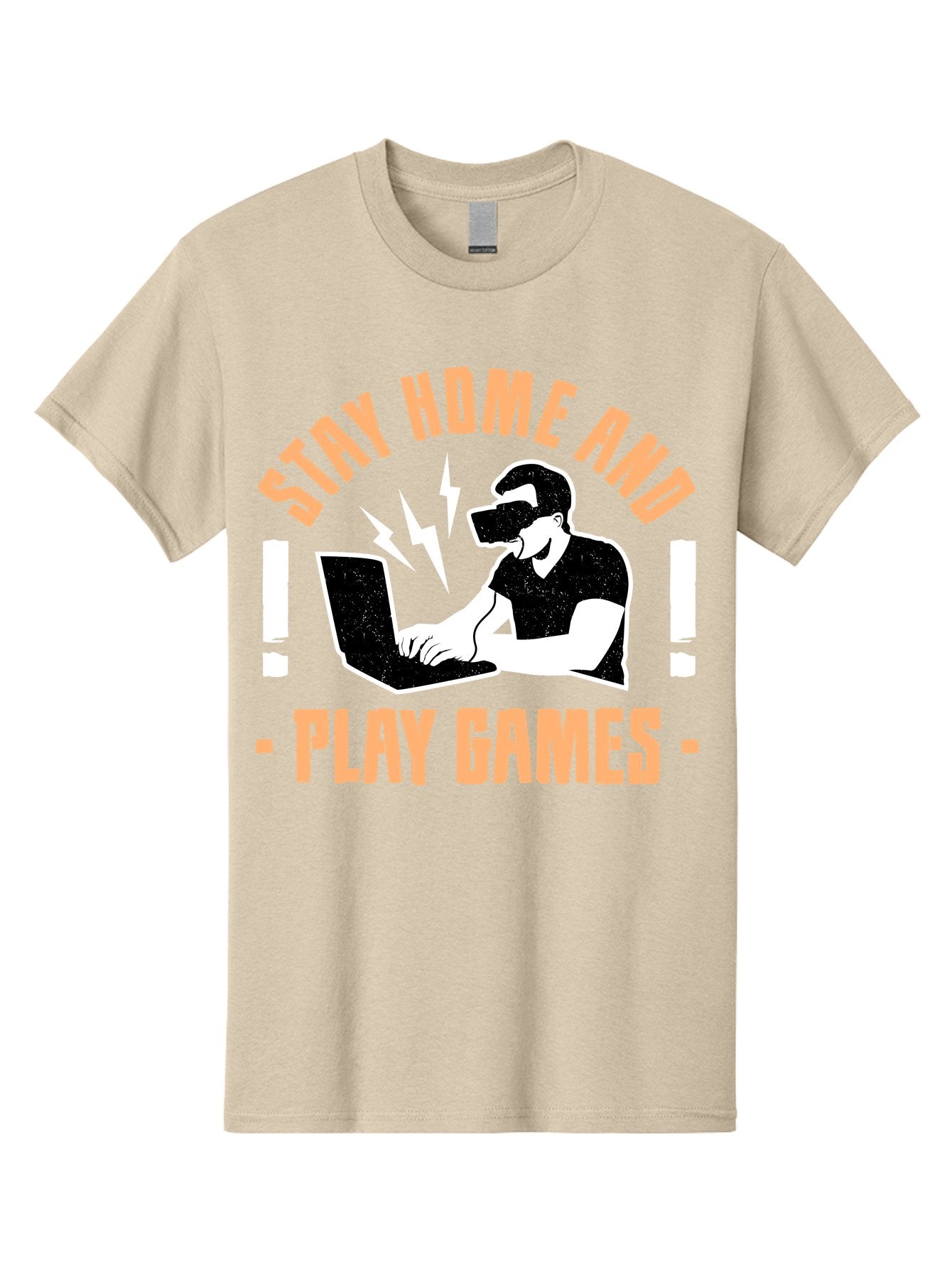 Stay-Home-And-Play-Games Men'S Graphic Tee, 100% Cotton, Comfortable Casual Summer Wear, Machine Washable, Gamer Playing Games On Laptop, Virtual Reality Gaming, Online Gaming, Stay Home Message, Gaming Promotion, Vr Headset -  Aaa661