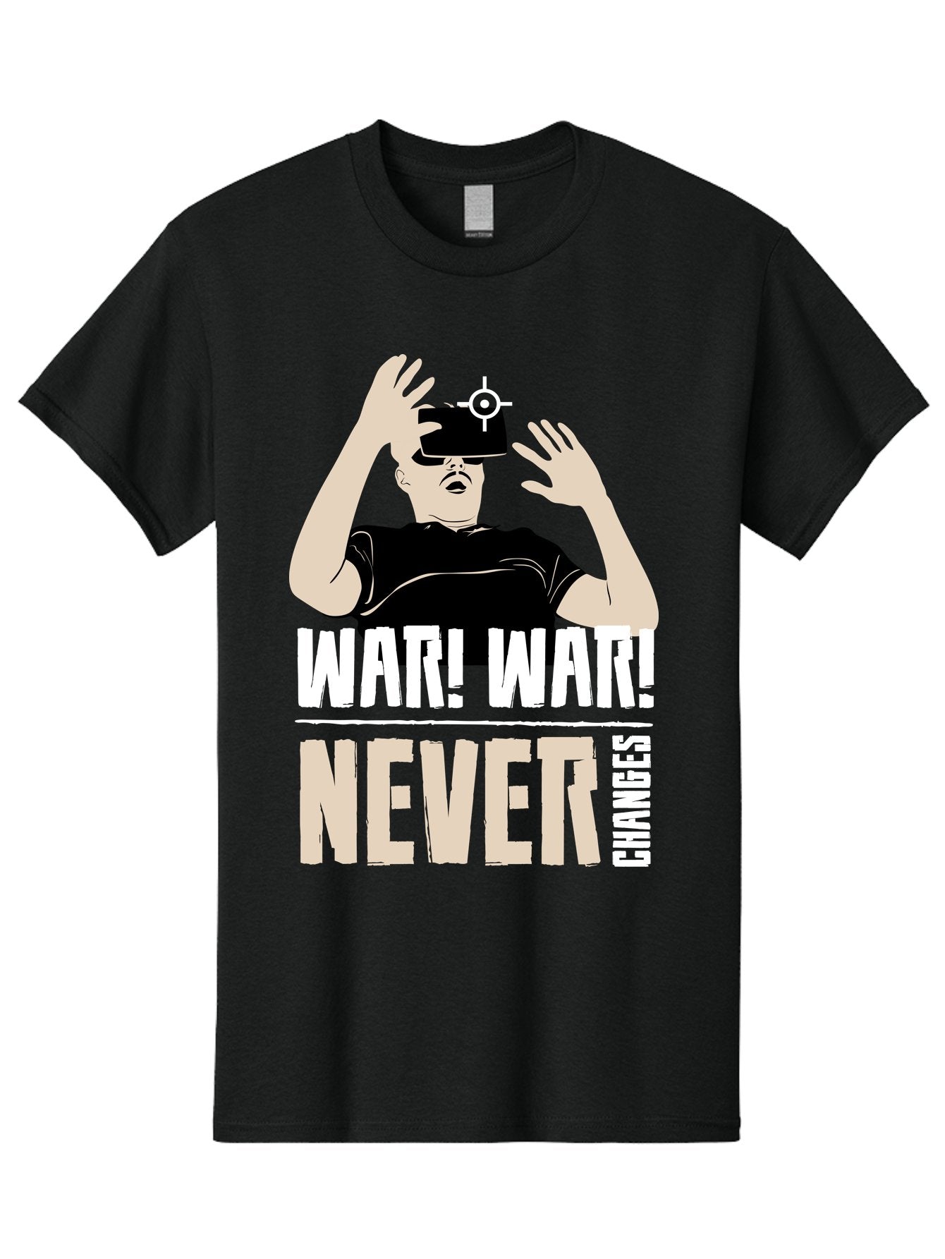 War-War-Never-Changes Men'S Graphic Tee, 100% Cotton, Comfortable Casual Summer Wear, Machine Washable, Man Wearing Vr Headset, Futuristic Technology, Gaming Experience, Immersive Reality, Bold Typography, Contrasting Colors, -  Aaa666 11