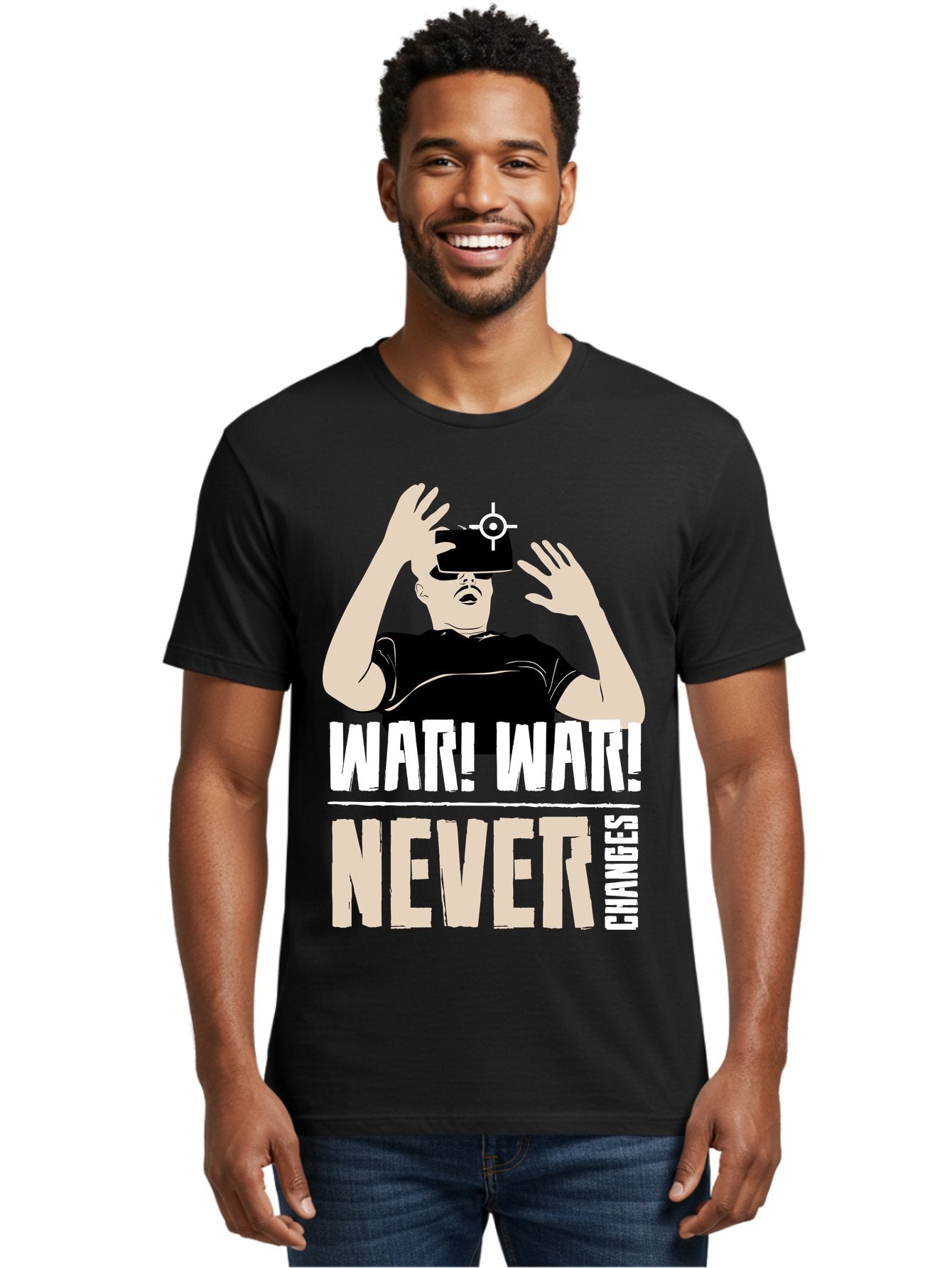 War-War-Never-Changes Men'S Graphic Tee, 100% Cotton, Comfortable Casual Summer Wear, Machine Washable, Man Wearing Vr Headset, Futuristic Technology, Gaming Experience, Immersive Reality, Bold Typography, Contrasting Colors, -  Aaa666 27