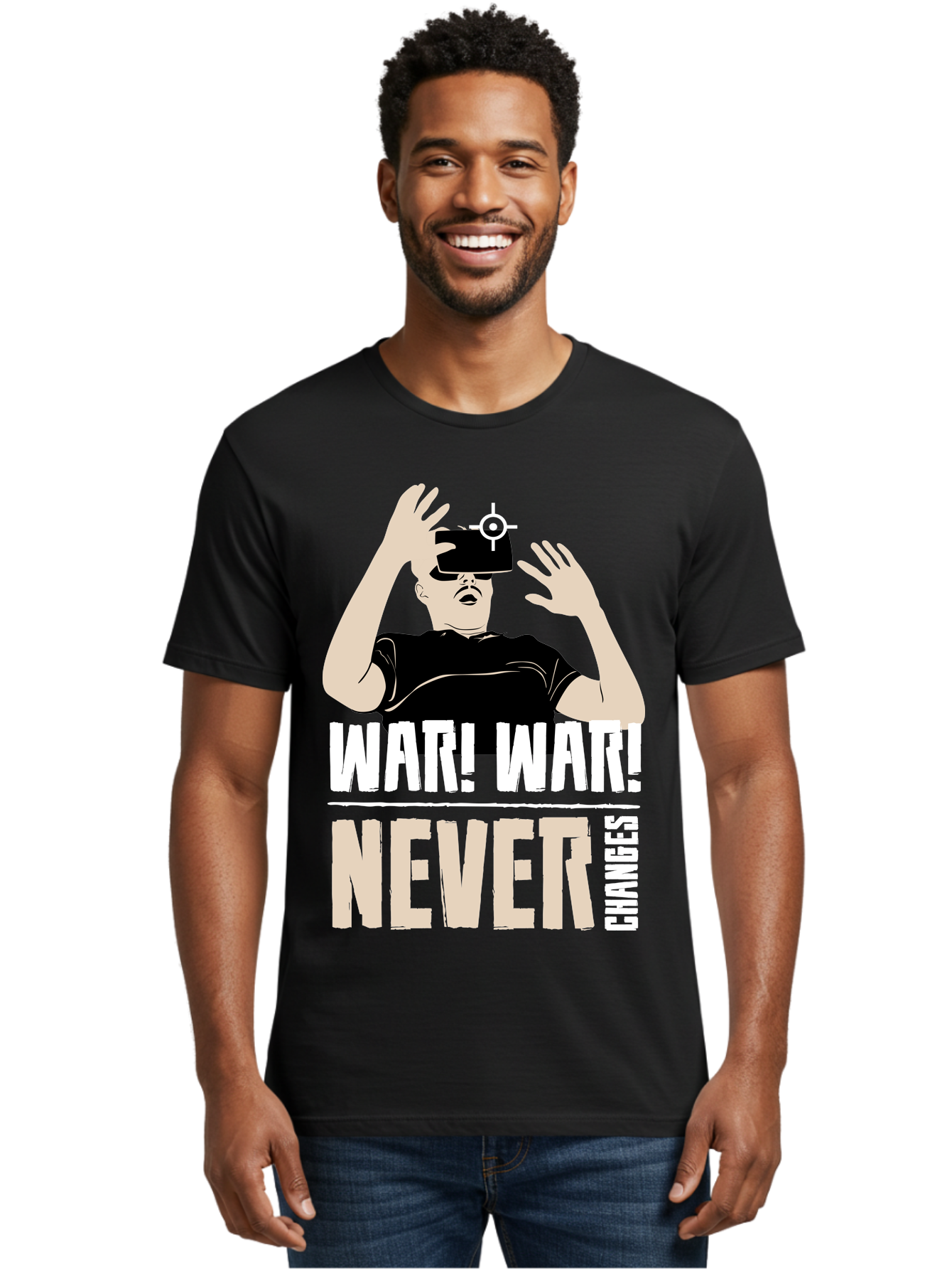 War-War-Never-Changes Men'S Graphic Tee, 100% Cotton, Comfortable Casual Summer Wear, Machine Washable, Man Wearing Vr Headset, Futuristic Technology, Gaming Experience, Immersive Reality, Bold Typography, Contrasting Colors, -  Aaa666