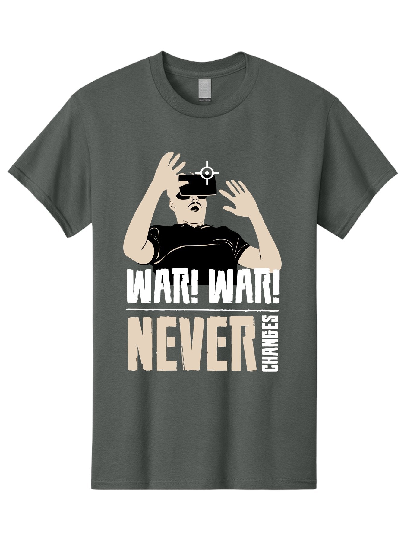 War-War-Never-Changes Men'S Graphic Tee, 100% Cotton, Comfortable Casual Summer Wear, Machine Washable, Man Wearing Vr Headset, Futuristic Technology, Gaming Experience, Immersive Reality, Bold Typography, Contrasting Colors, -  Aaa666 12