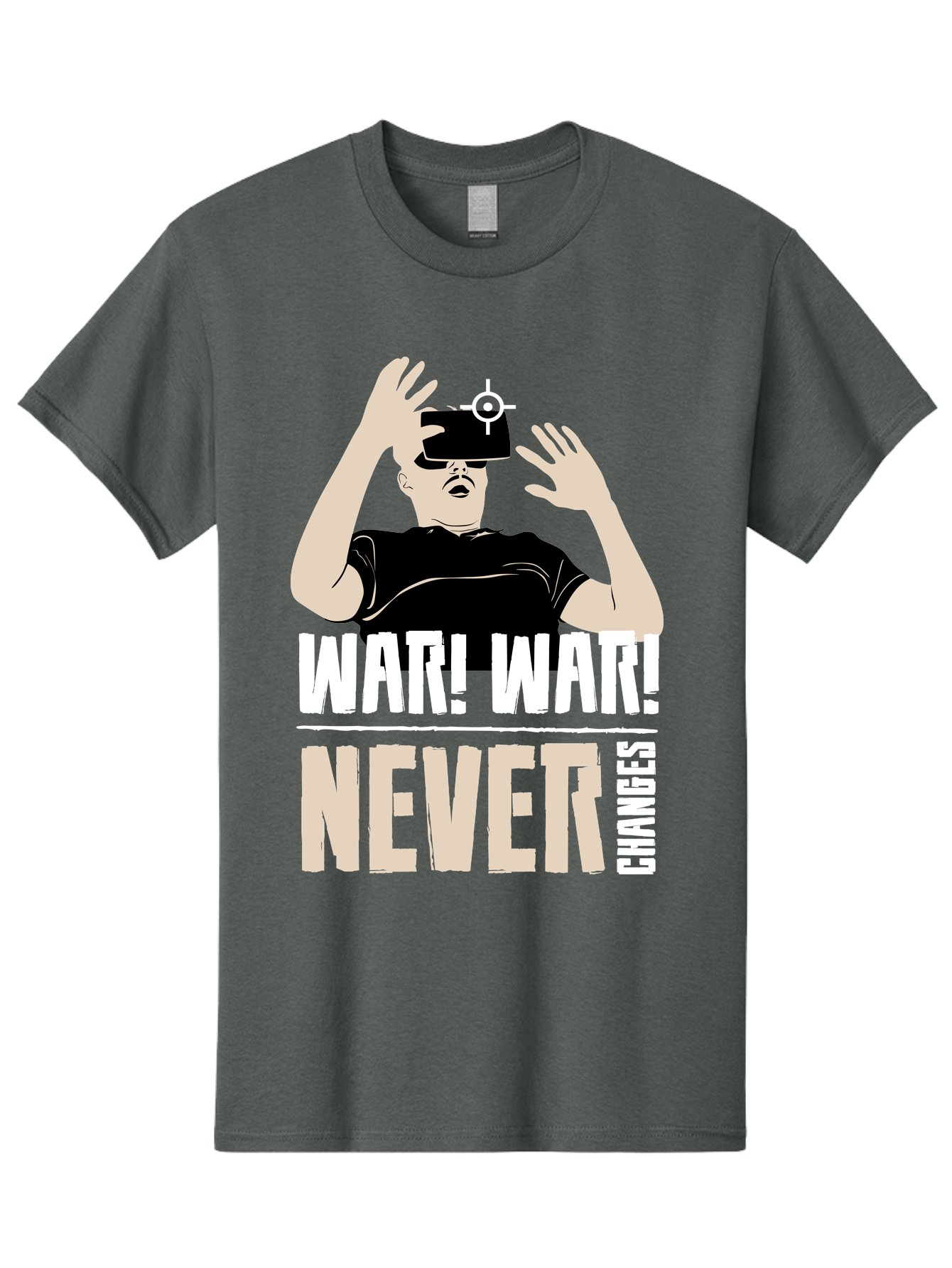 War-War-Never-Changes Men'S Graphic Tee, 100% Cotton, Comfortable Casual Summer Wear, Machine Washable, Man Wearing Vr Headset, Futuristic Technology, Gaming Experience, Immersive Reality, Bold Typography, Contrasting Colors, -  Aaa666 3
