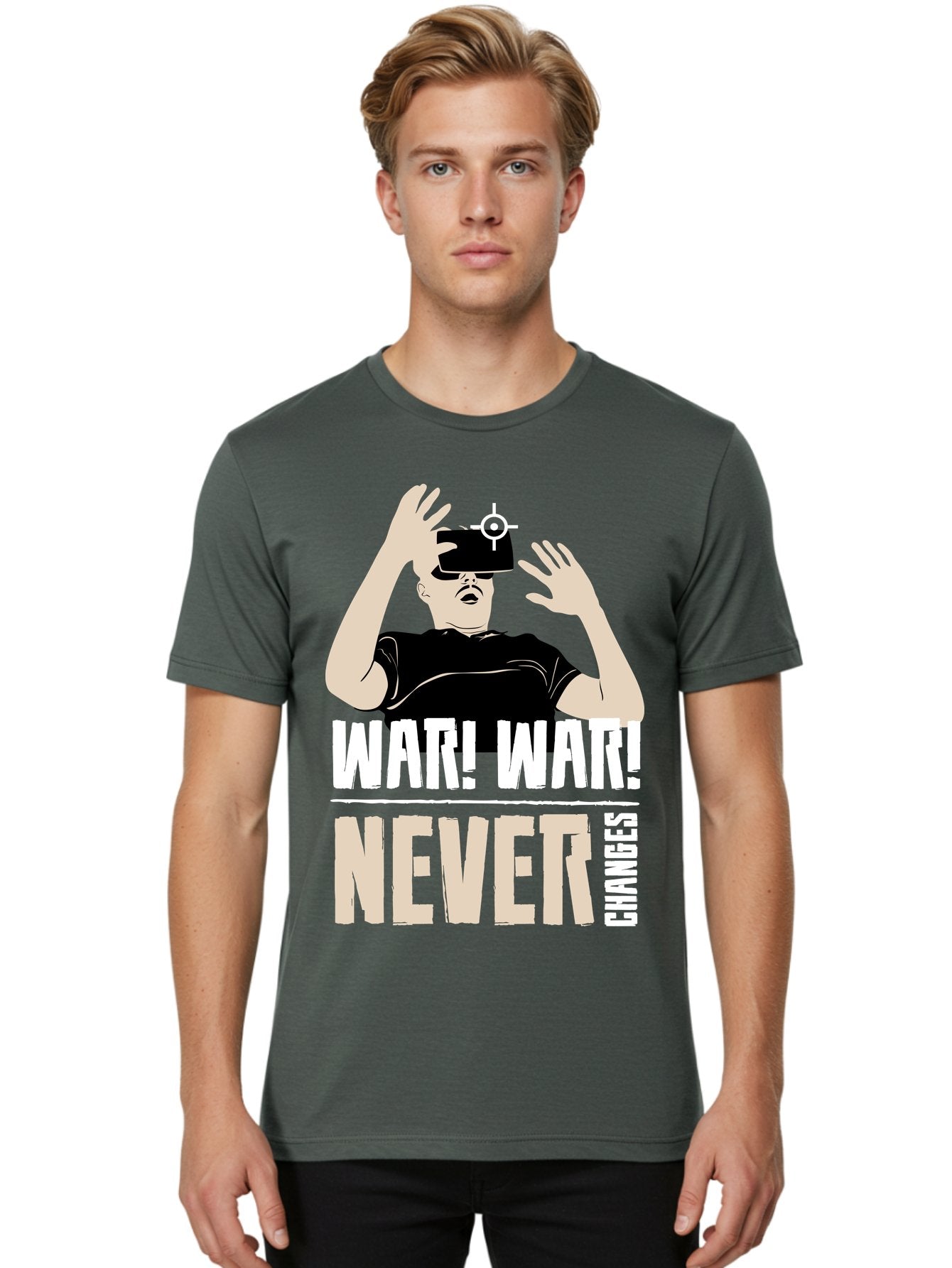 War-War-Never-Changes Men'S Graphic Tee, 100% Cotton, Comfortable Casual Summer Wear, Machine Washable, Man Wearing Vr Headset, Futuristic Technology, Gaming Experience, Immersive Reality, Bold Typography, Contrasting Colors, -  Aaa666 28