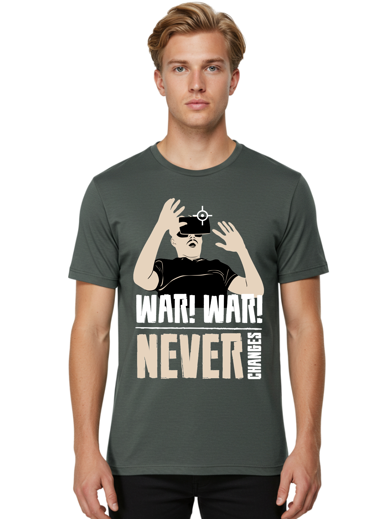 War-War-Never-Changes Men'S Graphic Tee, 100% Cotton, Comfortable Casual Summer Wear, Machine Washable, Man Wearing Vr Headset, Futuristic Technology, Gaming Experience, Immersive Reality, Bold Typography, Contrasting Colors, -  Aaa666
