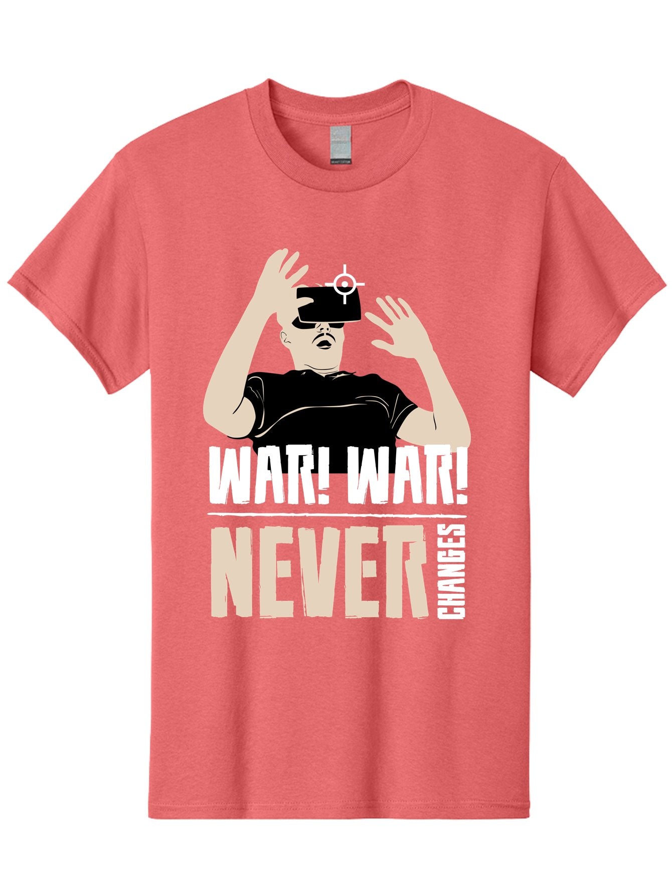 War-War-Never-Changes Men'S Graphic Tee, 100% Cotton, Comfortable Casual Summer Wear, Machine Washable, Man Wearing Vr Headset, Futuristic Technology, Gaming Experience, Immersive Reality, Bold Typography, Contrasting Colors, -  Aaa666 14