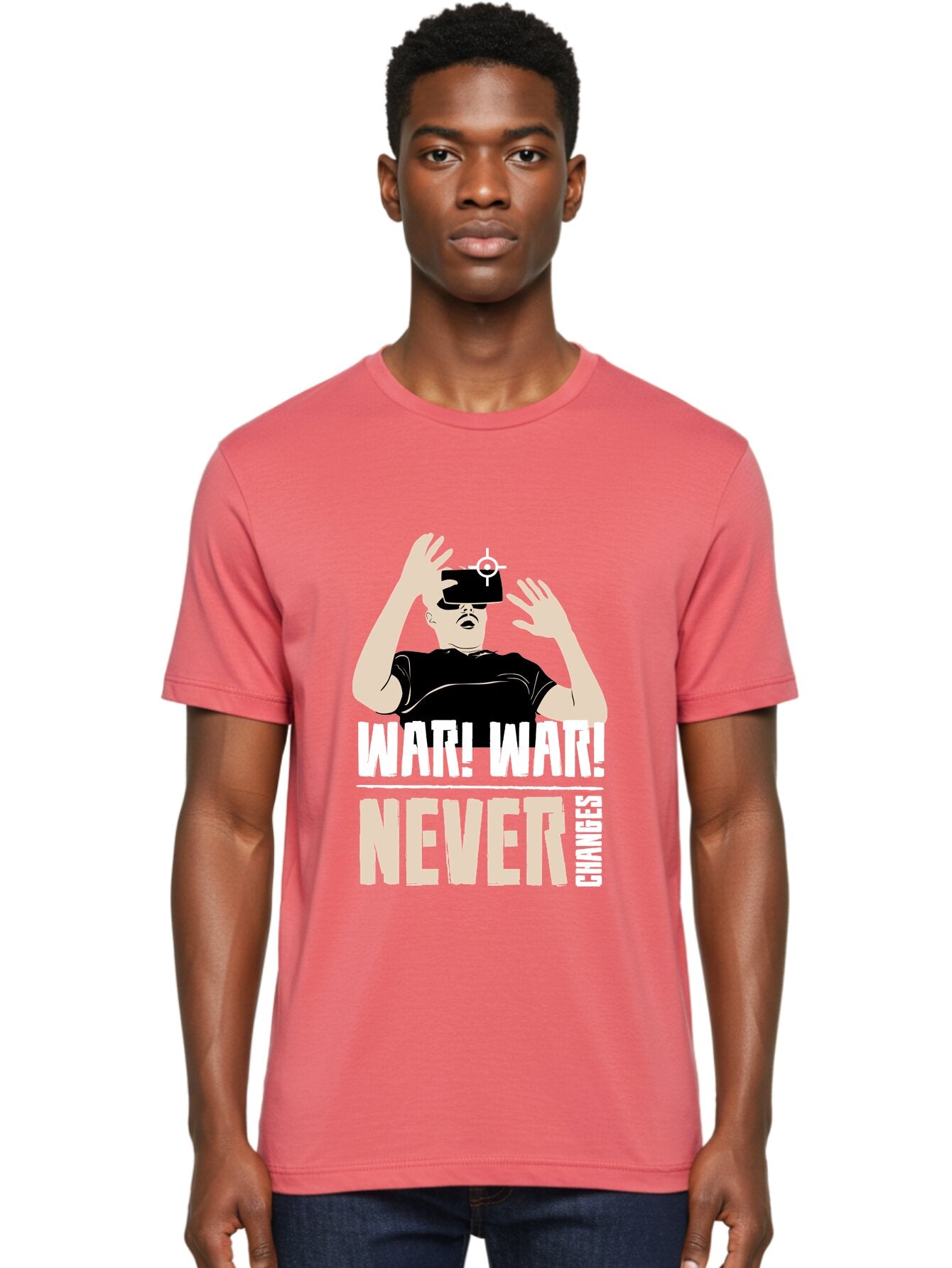 War-War-Never-Changes Men'S Graphic Tee, 100% Cotton, Comfortable Casual Summer Wear, Machine Washable, Man Wearing Vr Headset, Futuristic Technology, Gaming Experience, Immersive Reality, Bold Typography, Contrasting Colors, -  Aaa666 29