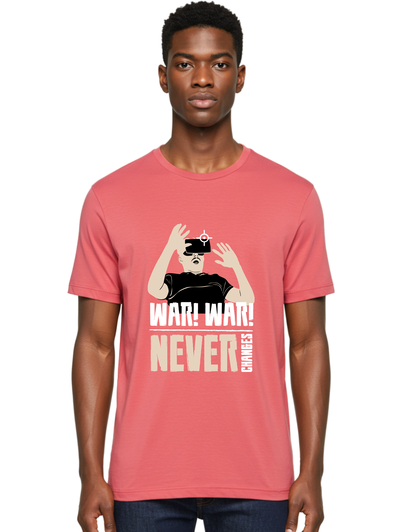 War-War-Never-Changes Men'S Graphic Tee, 100% Cotton, Comfortable Casual Summer Wear, Machine Washable, Man Wearing Vr Headset, Futuristic Technology, Gaming Experience, Immersive Reality, Bold Typography, Contrasting Colors, -  Aaa666 6