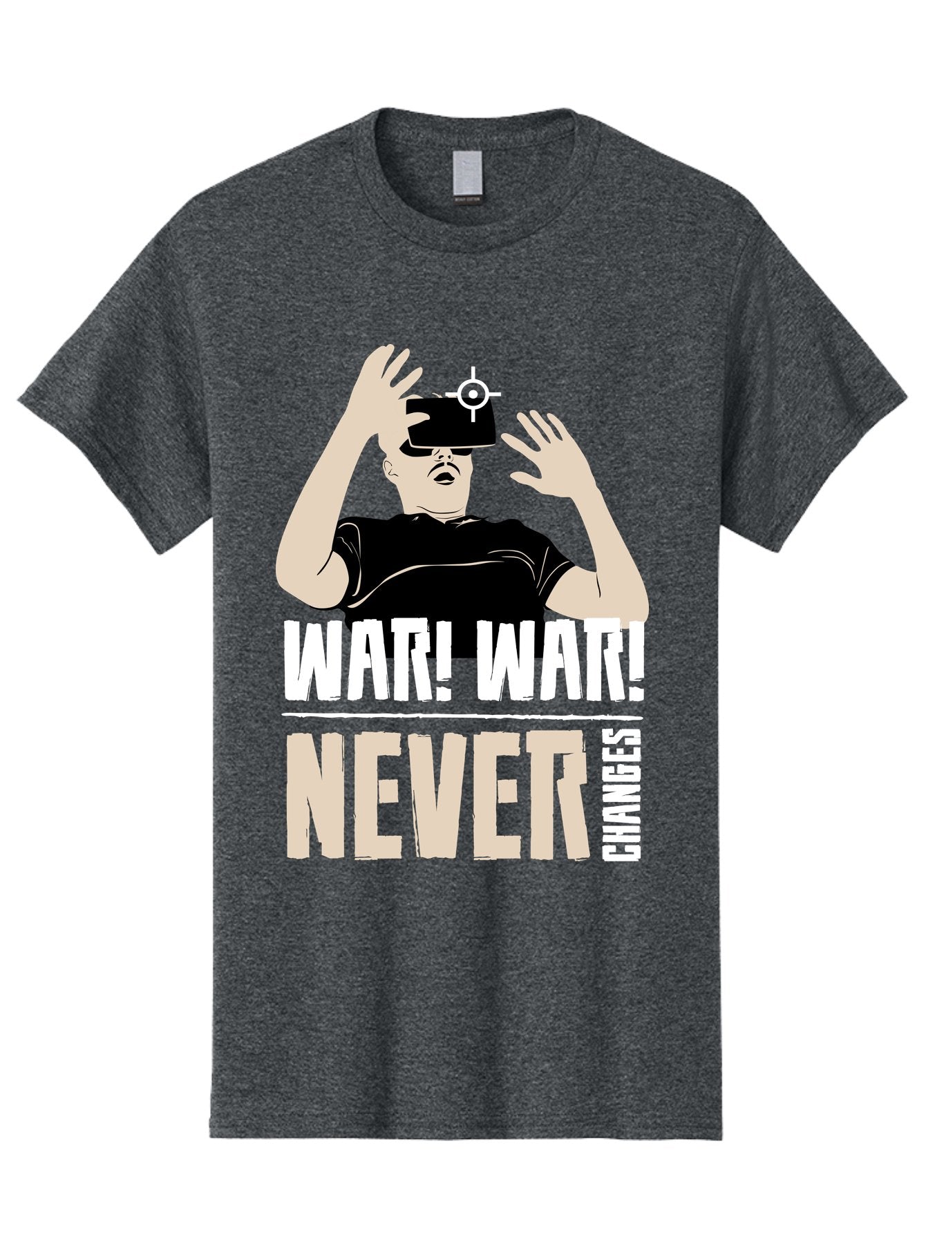War-War-Never-Changes Men'S Graphic Tee, 100% Cotton, Comfortable Casual Summer Wear, Machine Washable, Man Wearing Vr Headset, Futuristic Technology, Gaming Experience, Immersive Reality, Bold Typography, Contrasting Colors, -  Aaa666 5