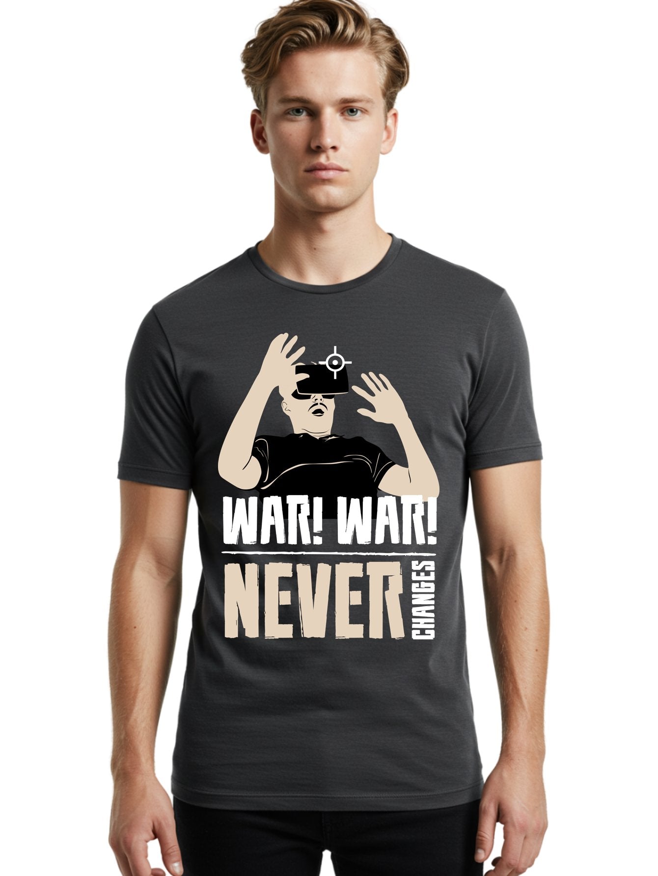War-War-Never-Changes Men'S Graphic Tee, 100% Cotton, Comfortable Casual Summer Wear, Machine Washable, Man Wearing Vr Headset, Futuristic Technology, Gaming Experience, Immersive Reality, Bold Typography, Contrasting Colors, -  Aaa666 23