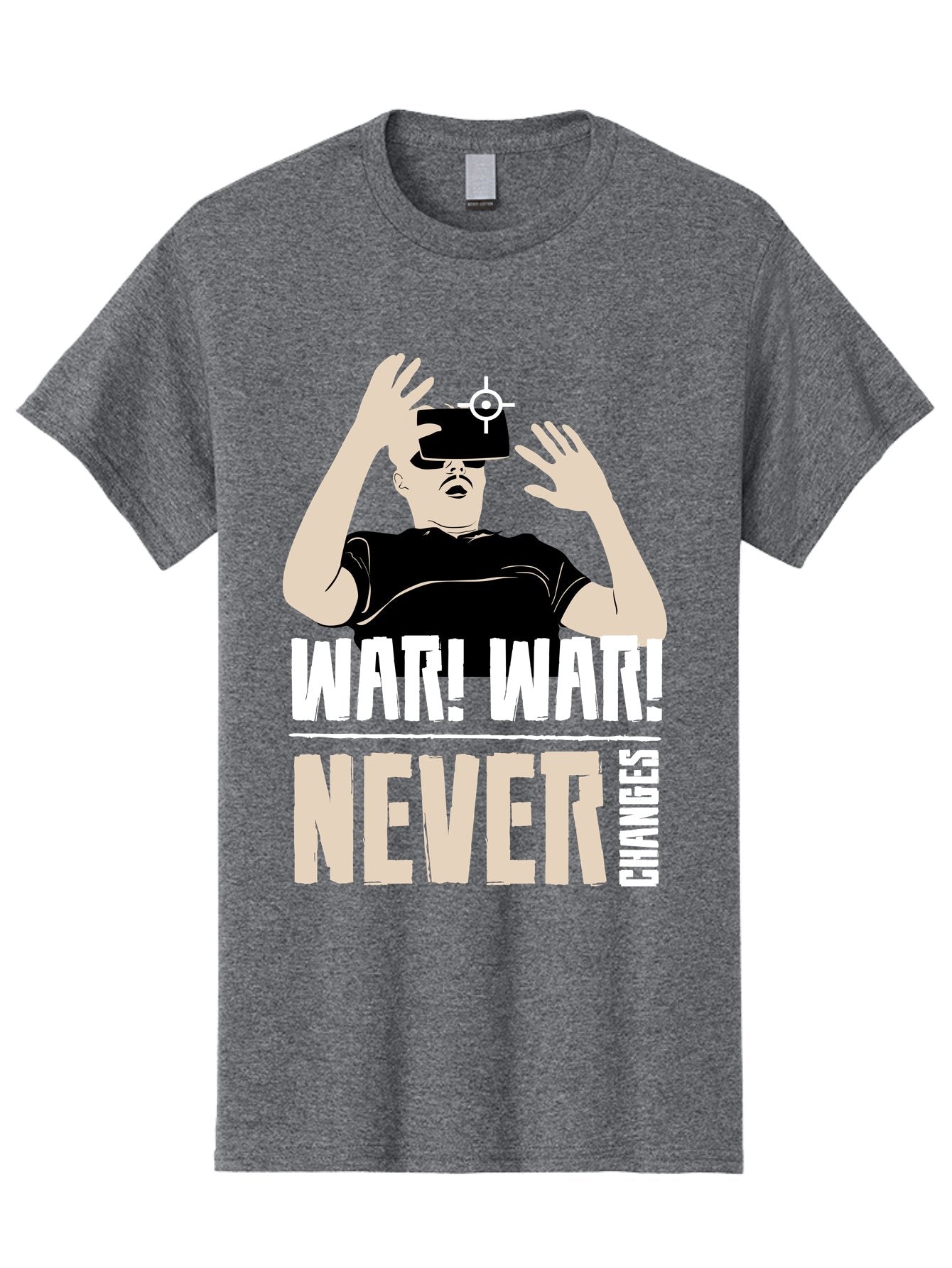 War-War-Never-Changes Men'S Graphic Tee, 100% Cotton, Comfortable Casual Summer Wear, Machine Washable, Man Wearing Vr Headset, Futuristic Technology, Gaming Experience, Immersive Reality, Bold Typography, Contrasting Colors, -  Aaa666 6