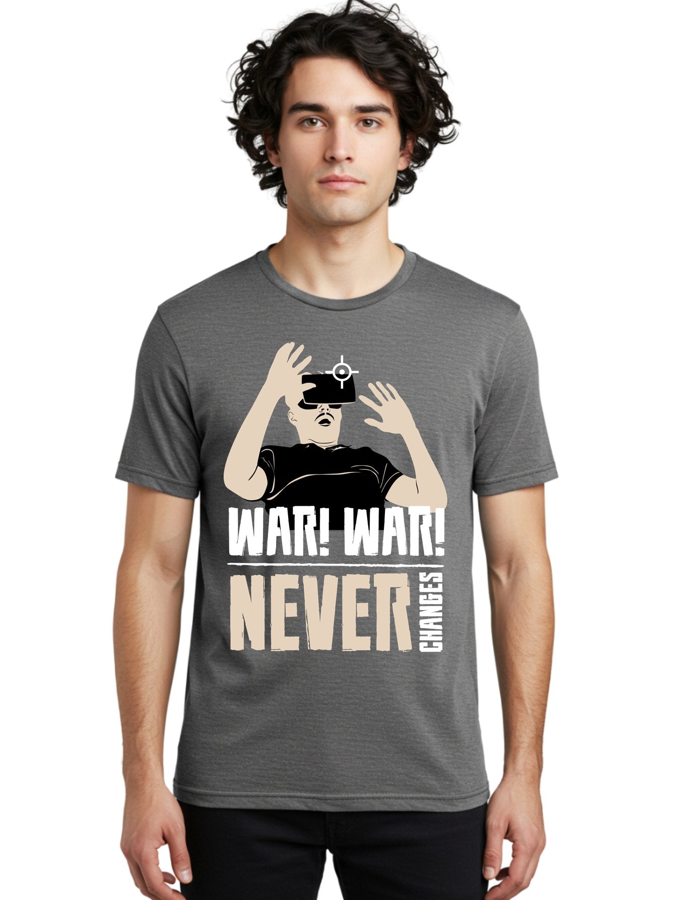 War-War-Never-Changes Men'S Graphic Tee, 100% Cotton, Comfortable Casual Summer Wear, Machine Washable, Man Wearing Vr Headset, Futuristic Technology, Gaming Experience, Immersive Reality, Bold Typography, Contrasting Colors, -  Aaa666 24