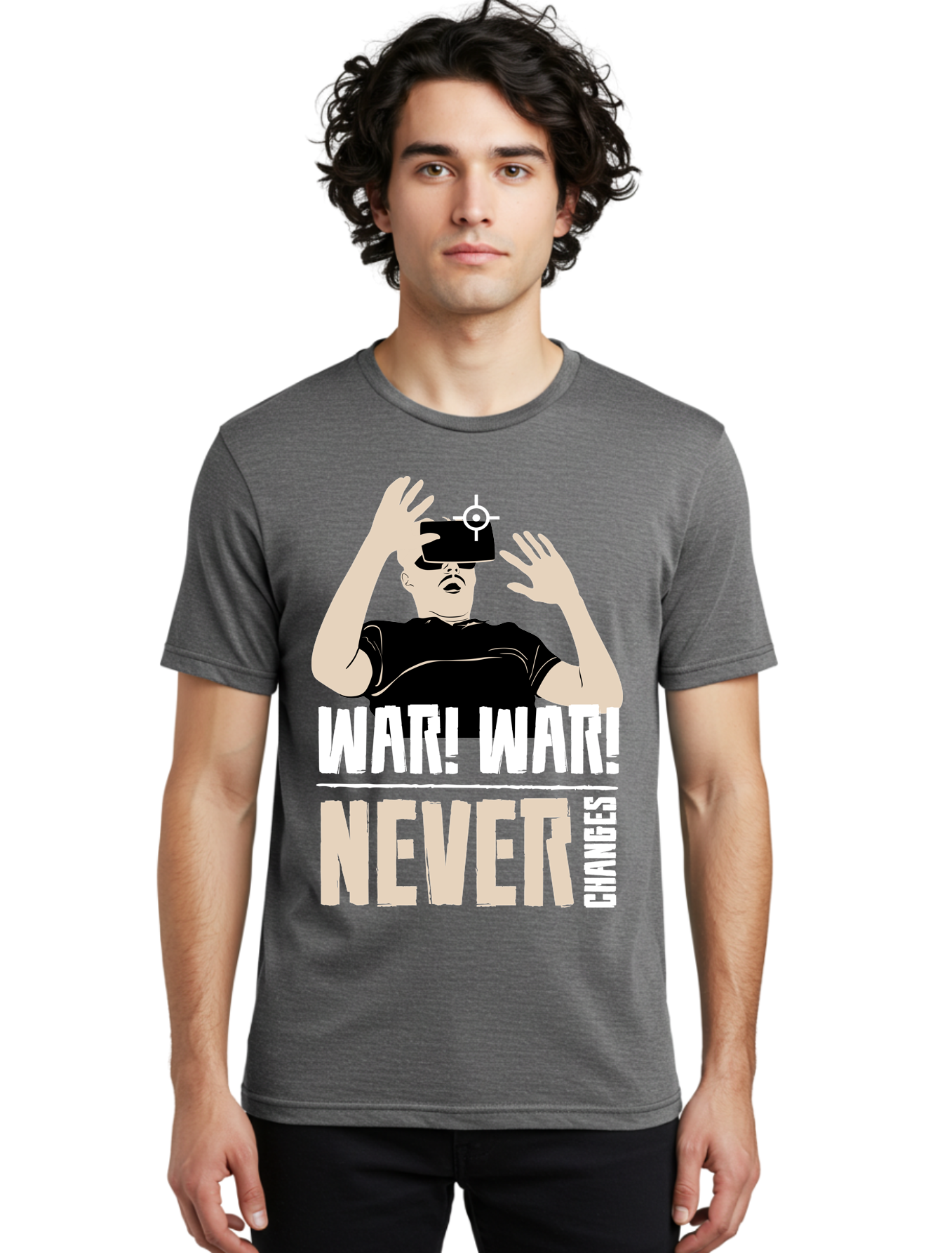 War-War-Never-Changes Men'S Graphic Tee, 100% Cotton, Comfortable Casual Summer Wear, Machine Washable, Man Wearing Vr Headset, Futuristic Technology, Gaming Experience, Immersive Reality, Bold Typography, Contrasting Colors, -  Aaa666 10