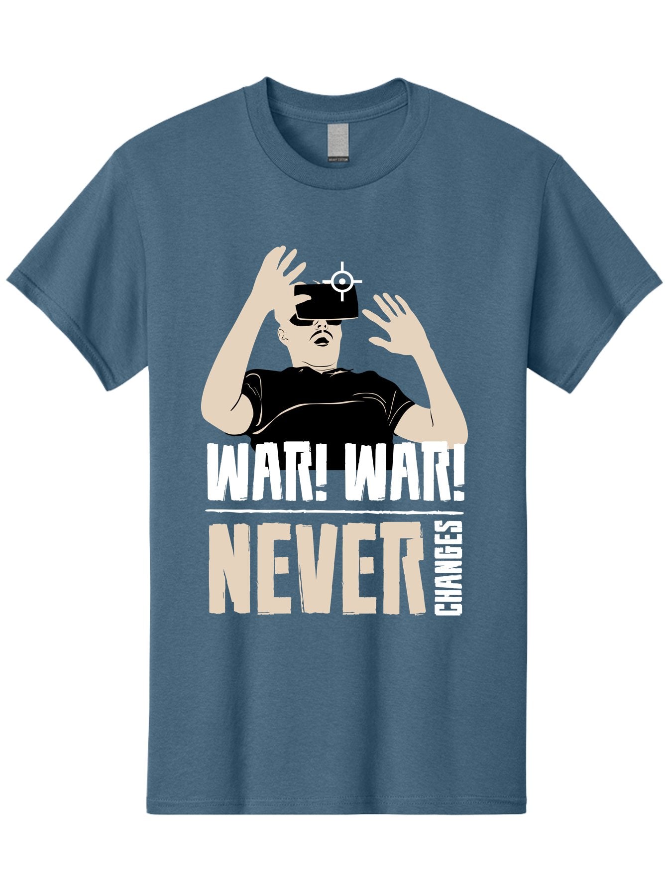 War-War-Never-Changes Men'S Graphic Tee, 100% Cotton, Comfortable Casual Summer Wear, Machine Washable, Man Wearing Vr Headset, Futuristic Technology, Gaming Experience, Immersive Reality, Bold Typography, Contrasting Colors, -  Aaa666 4