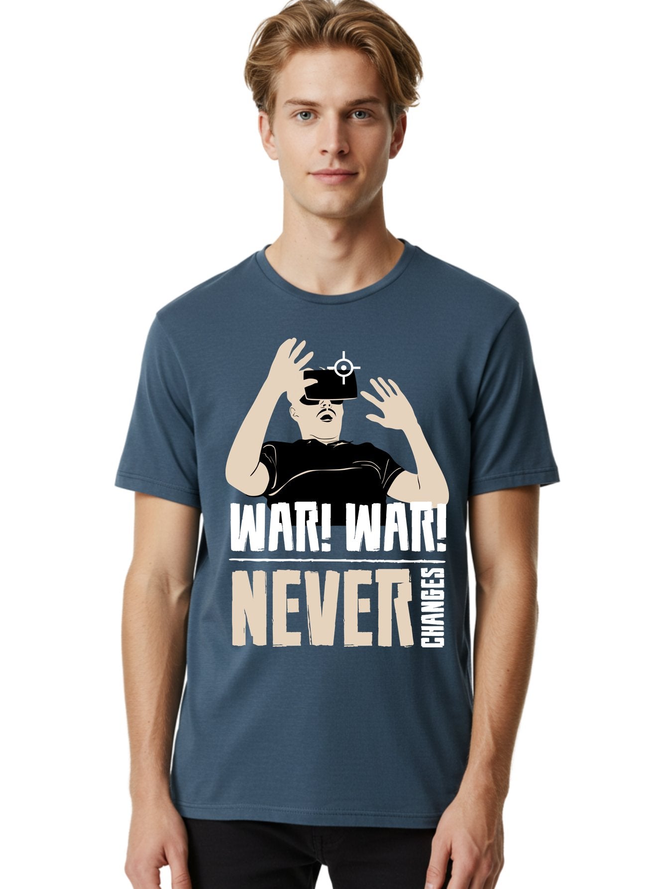 War-War-Never-Changes Men'S Graphic Tee, 100% Cotton, Comfortable Casual Summer Wear, Machine Washable, Man Wearing Vr Headset, Futuristic Technology, Gaming Experience, Immersive Reality, Bold Typography, Contrasting Colors, -  Aaa666 18