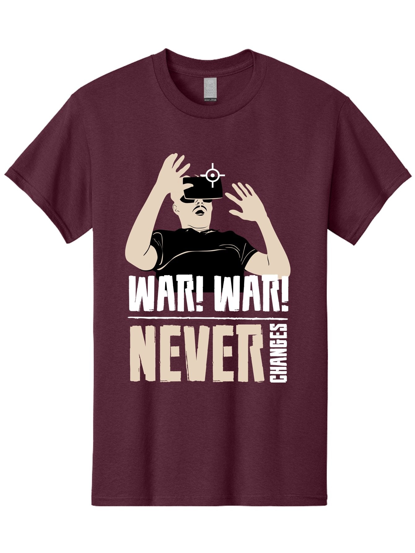War-War-Never-Changes Men'S Graphic Tee, 100% Cotton, Comfortable Casual Summer Wear, Machine Washable, Man Wearing Vr Headset, Futuristic Technology, Gaming Experience, Immersive Reality, Bold Typography, Contrasting Colors, -  Aaa666 13