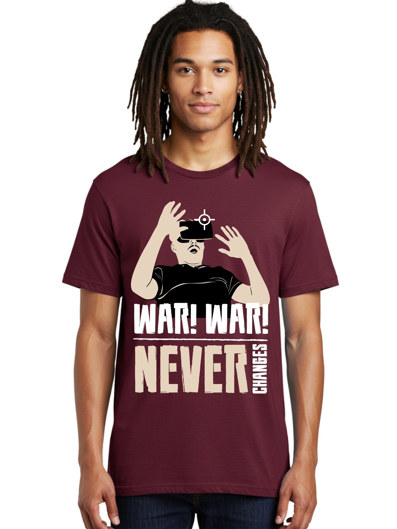 War-War-Never-Changes Men'S Graphic Tee, 100% Cotton, Comfortable Casual Summer Wear, Machine Washable, Man Wearing Vr Headset, Futuristic Technology, Gaming Experience, Immersive Reality, Bold Typography, Contrasting Colors, -  Aaa666 20