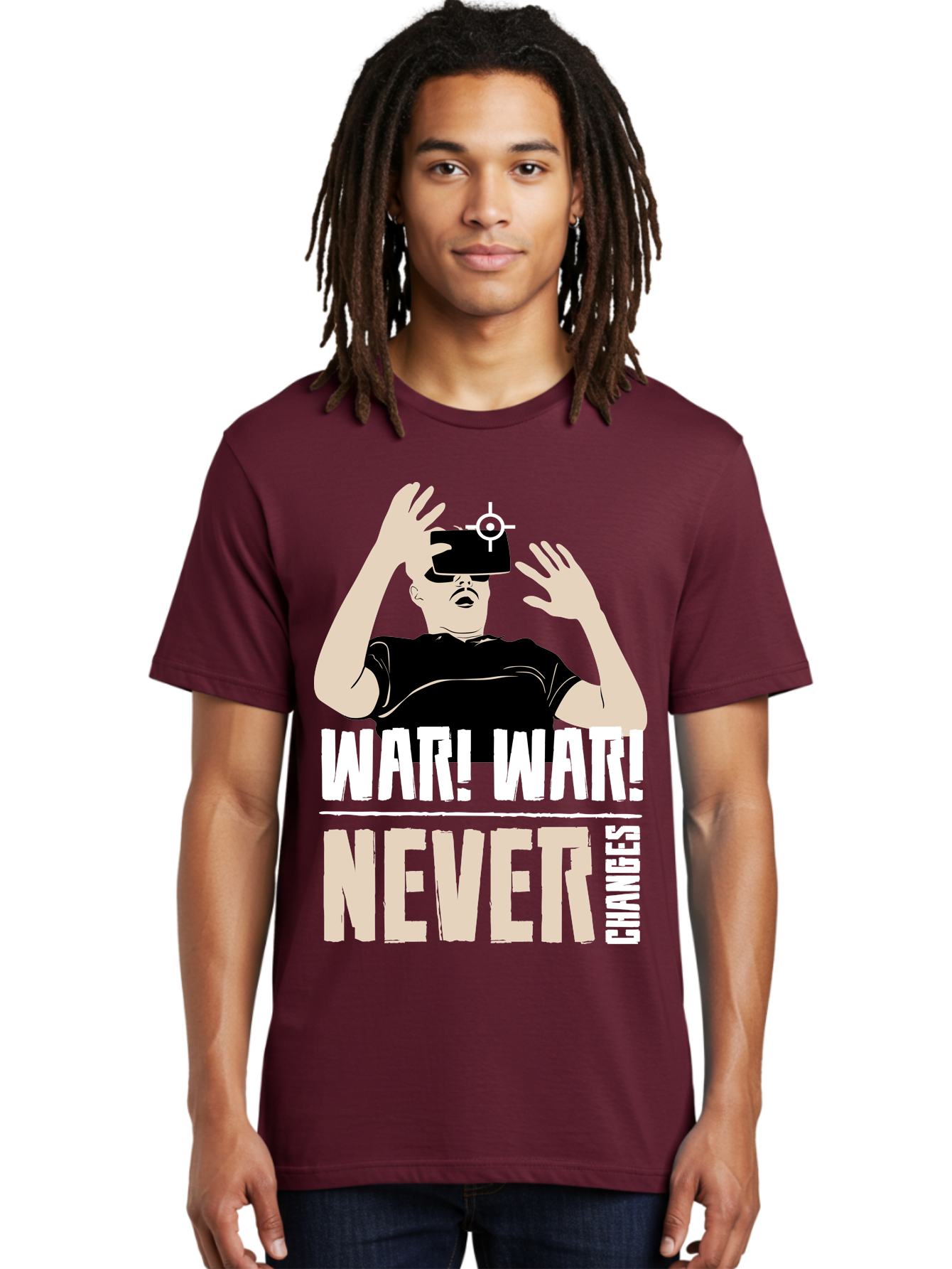 War-War-Never-Changes Men'S Graphic Tee, 100% Cotton, Comfortable Casual Summer Wear, Machine Washable, Man Wearing Vr Headset, Futuristic Technology, Gaming Experience, Immersive Reality, Bold Typography, Contrasting Colors, -  Aaa666 14