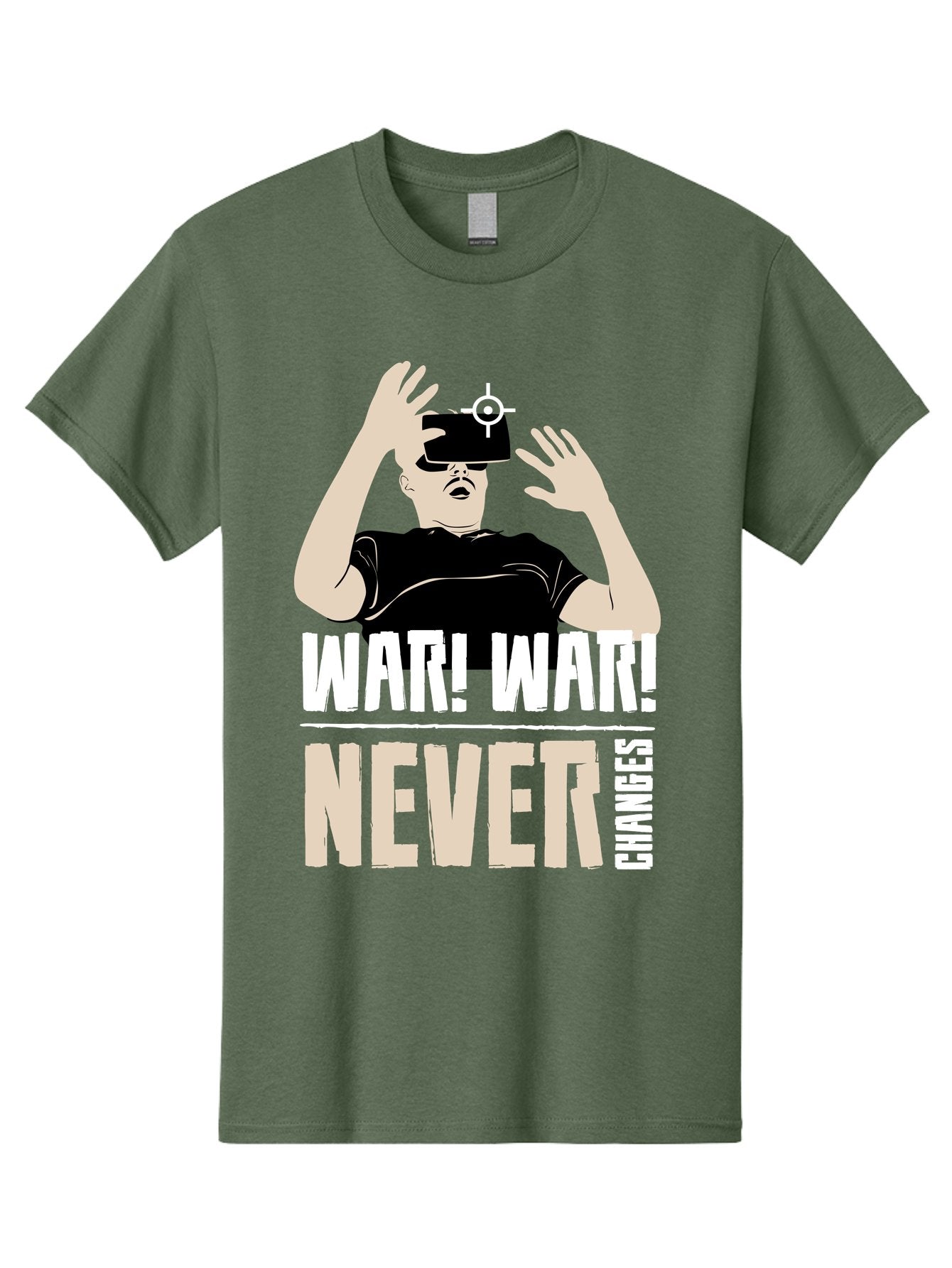 War-War-Never-Changes Men'S Graphic Tee, 100% Cotton, Comfortable Casual Summer Wear, Machine Washable, Man Wearing Vr Headset, Futuristic Technology, Gaming Experience, Immersive Reality, Bold Typography, Contrasting Colors, -  Aaa666 15