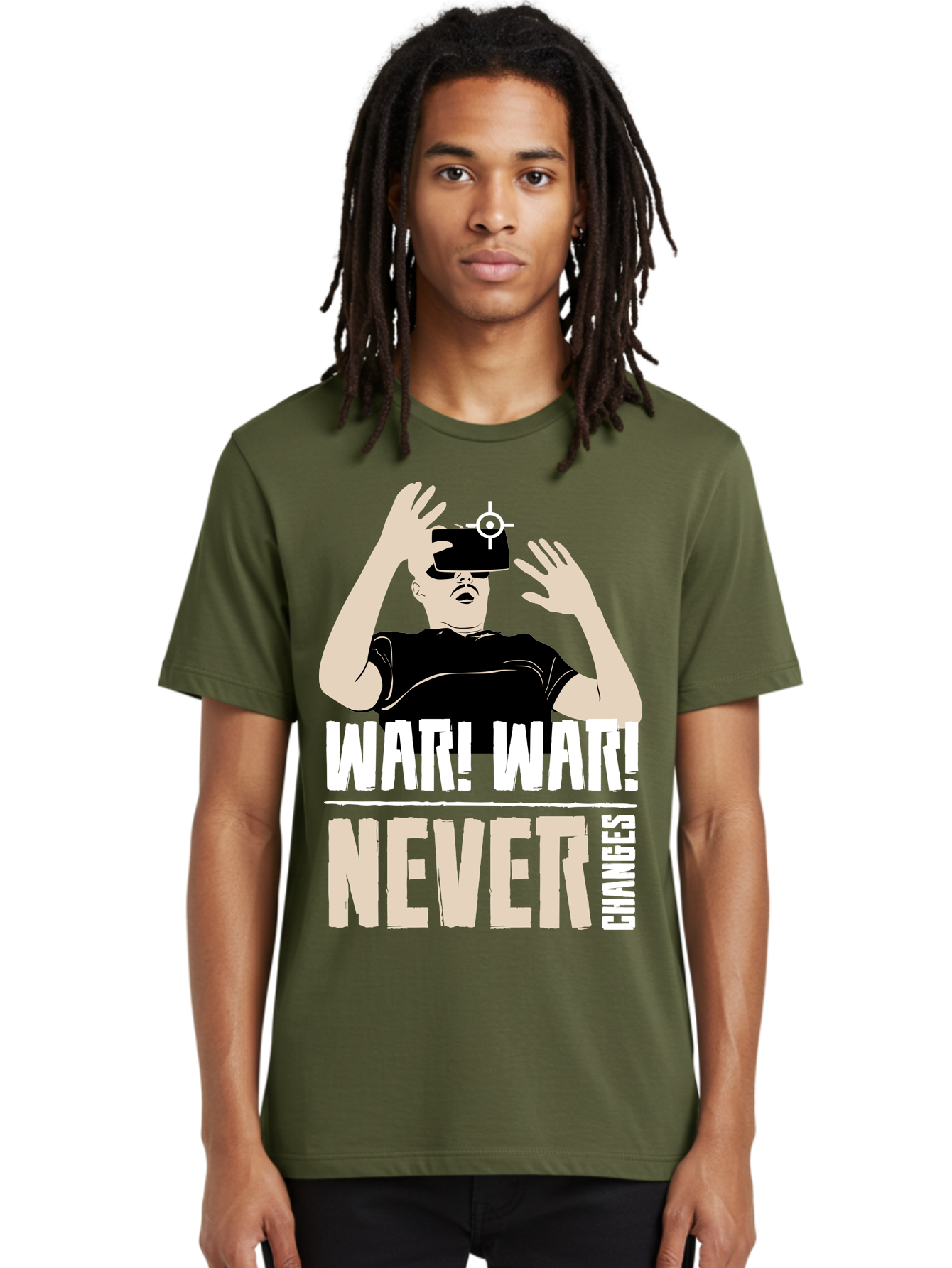 War-War-Never-Changes Men'S Graphic Tee, 100% Cotton, Comfortable Casual Summer Wear, Machine Washable, Man Wearing Vr Headset, Futuristic Technology, Gaming Experience, Immersive Reality, Bold Typography, Contrasting Colors, -  Aaa666 16