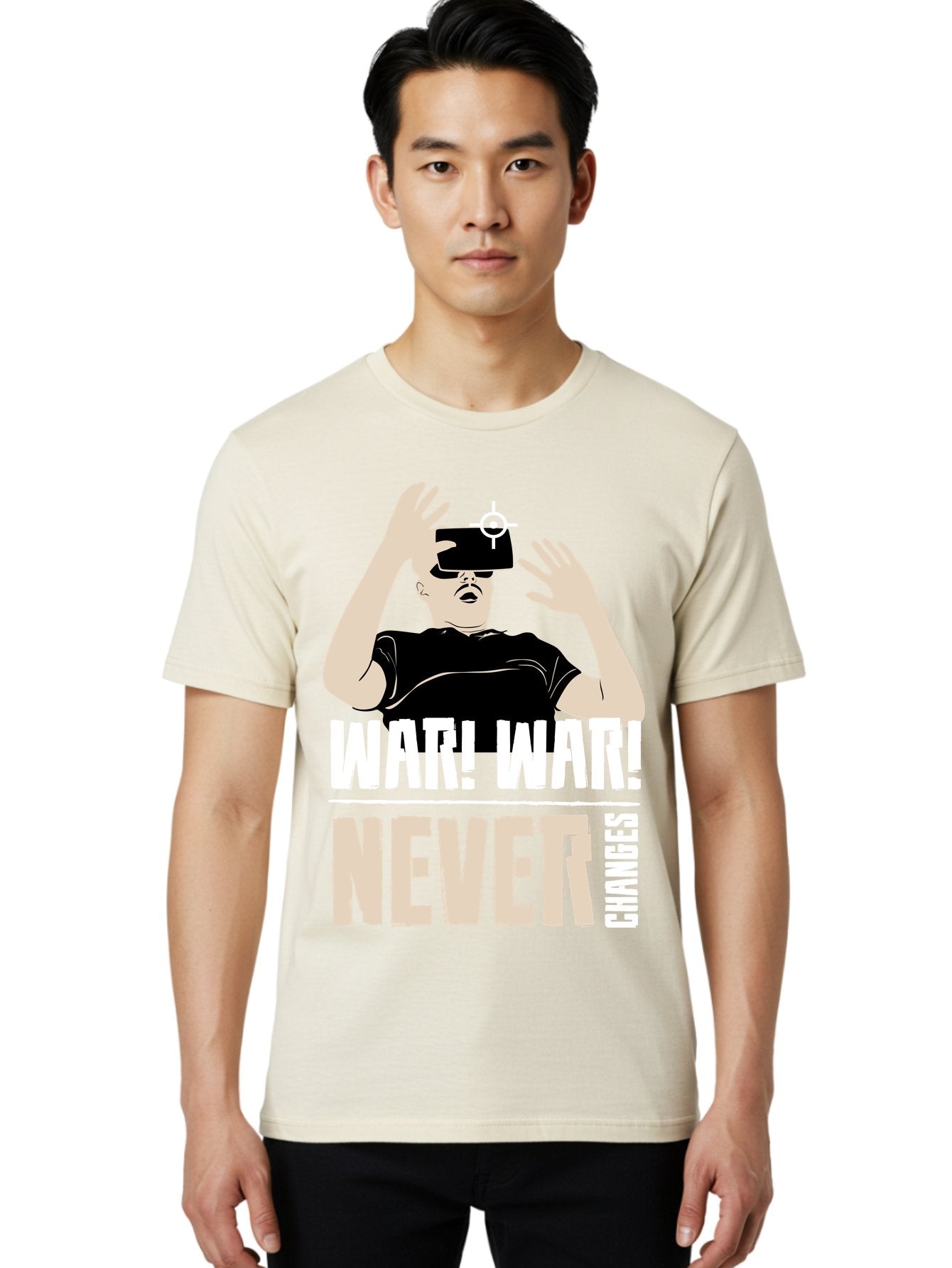War-War-Never-Changes Men'S Graphic Tee, 100% Cotton, Comfortable Casual Summer Wear, Machine Washable, Man Wearing Vr Headset, Futuristic Technology, Gaming Experience, Immersive Reality, Bold Typography, Contrasting Colors, -  Aaa666 19