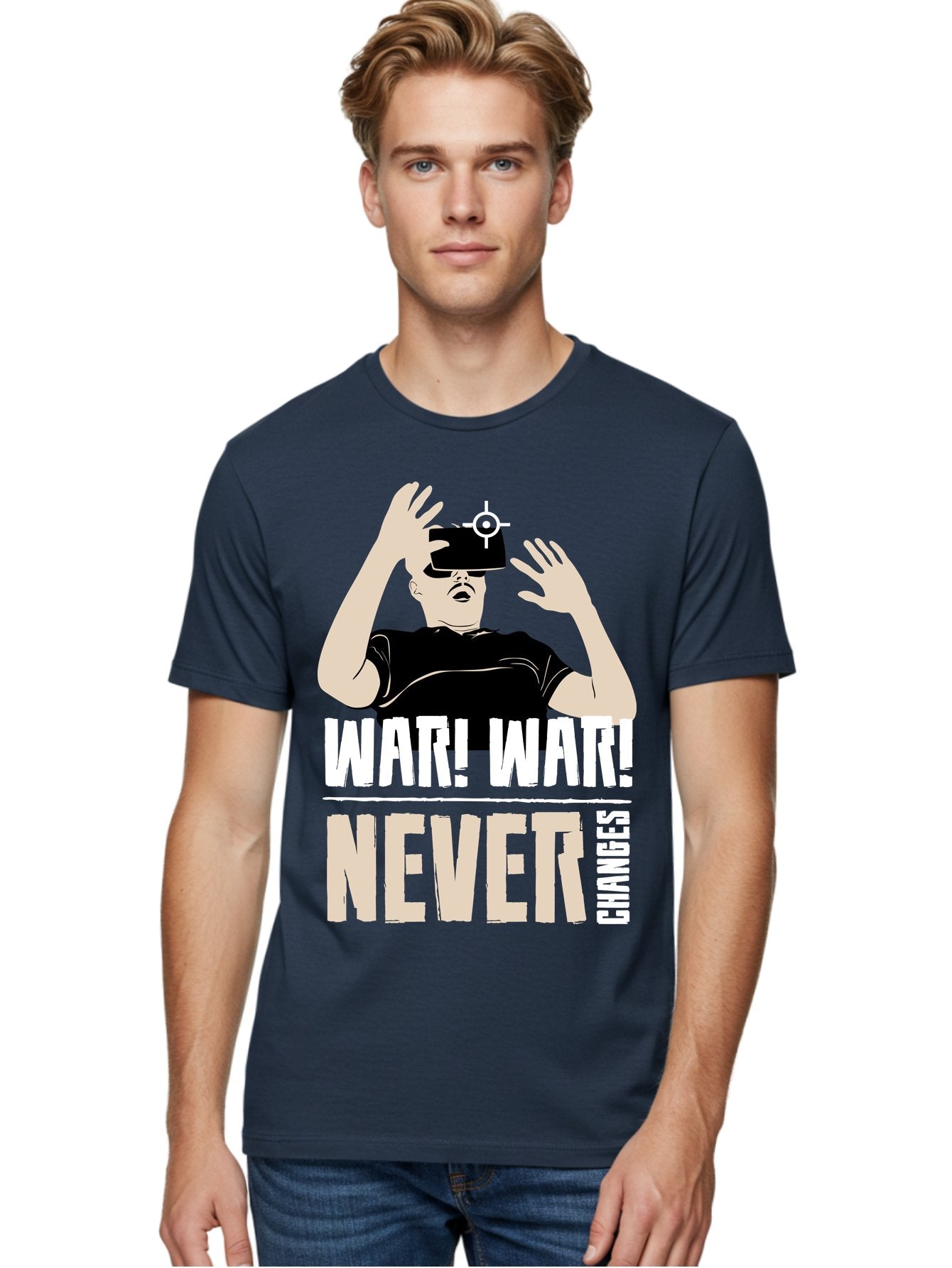 War-War-Never-Changes Men'S Graphic Tee, 100% Cotton, Comfortable Casual Summer Wear, Machine Washable, Man Wearing Vr Headset, Futuristic Technology, Gaming Experience, Immersive Reality, Bold Typography, Contrasting Colors, -  Aaa666 21