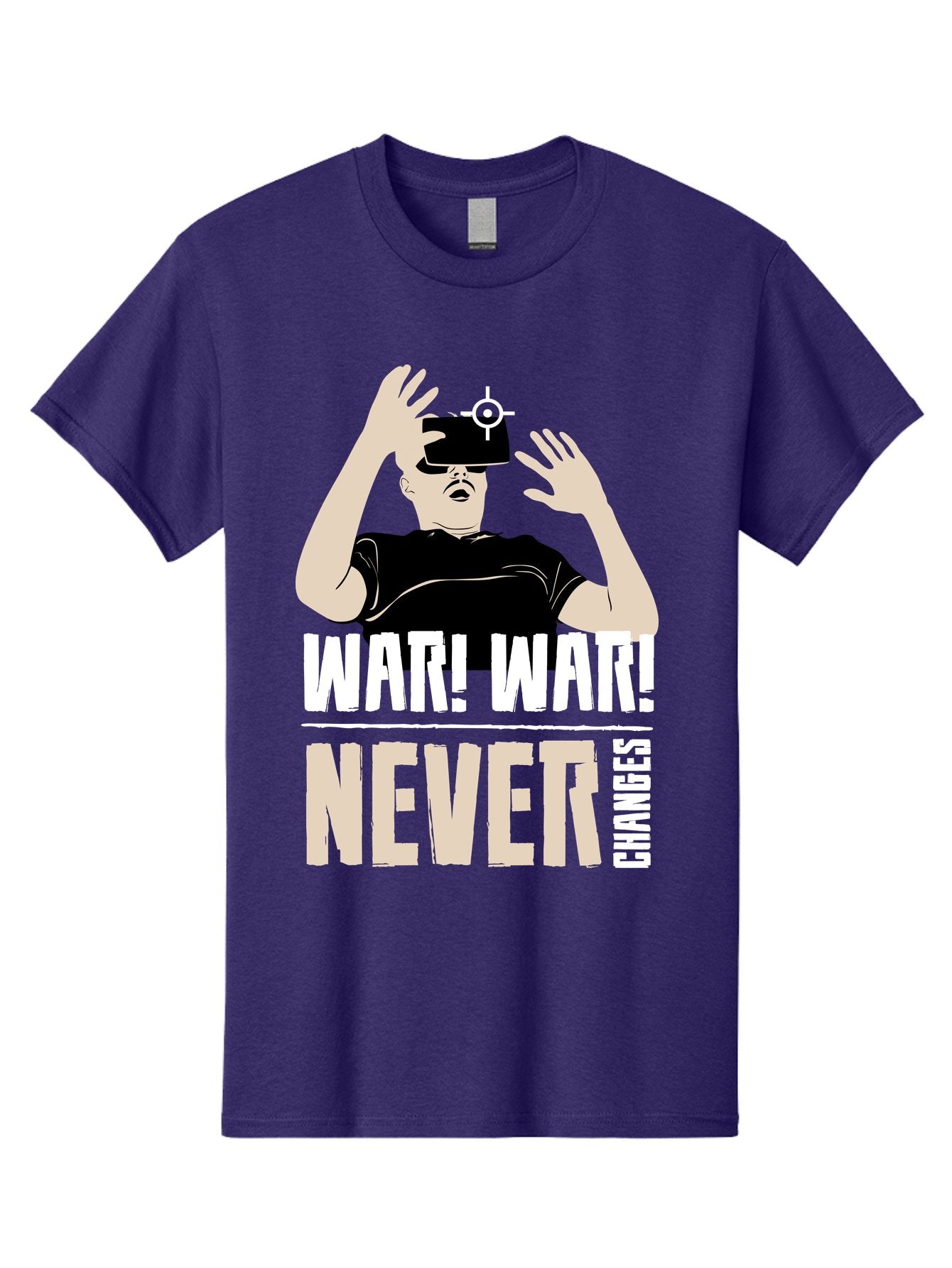 War-War-Never-Changes Men'S Graphic Tee, 100% Cotton, Comfortable Casual Summer Wear, Machine Washable, Man Wearing Vr Headset, Futuristic Technology, Gaming Experience, Immersive Reality, Bold Typography, Contrasting Colors, -  Aaa666 9