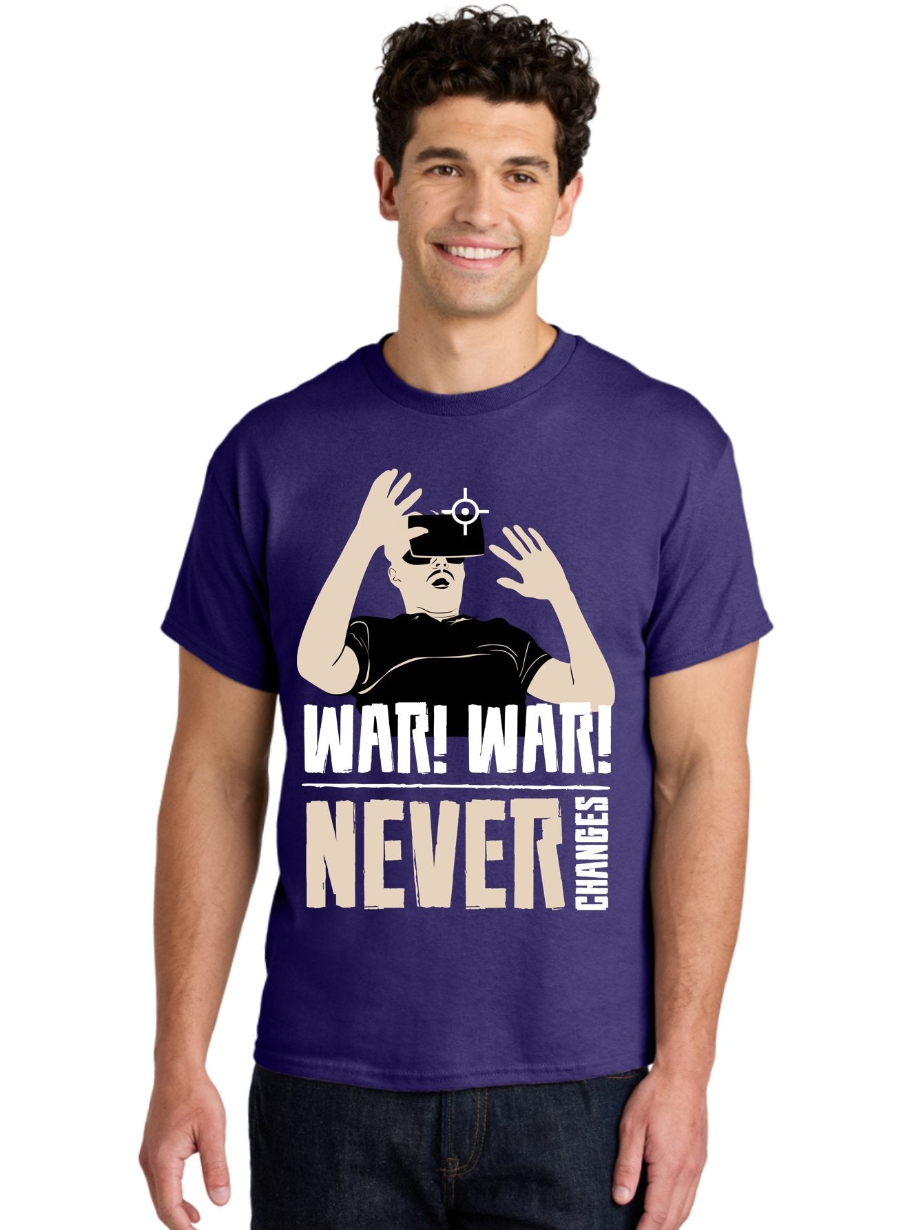 War-War-Never-Changes Men'S Graphic Tee, 100% Cotton, Comfortable Casual Summer Wear, Machine Washable, Man Wearing Vr Headset, Futuristic Technology, Gaming Experience, Immersive Reality, Bold Typography, Contrasting Colors, -  Aaa666 26