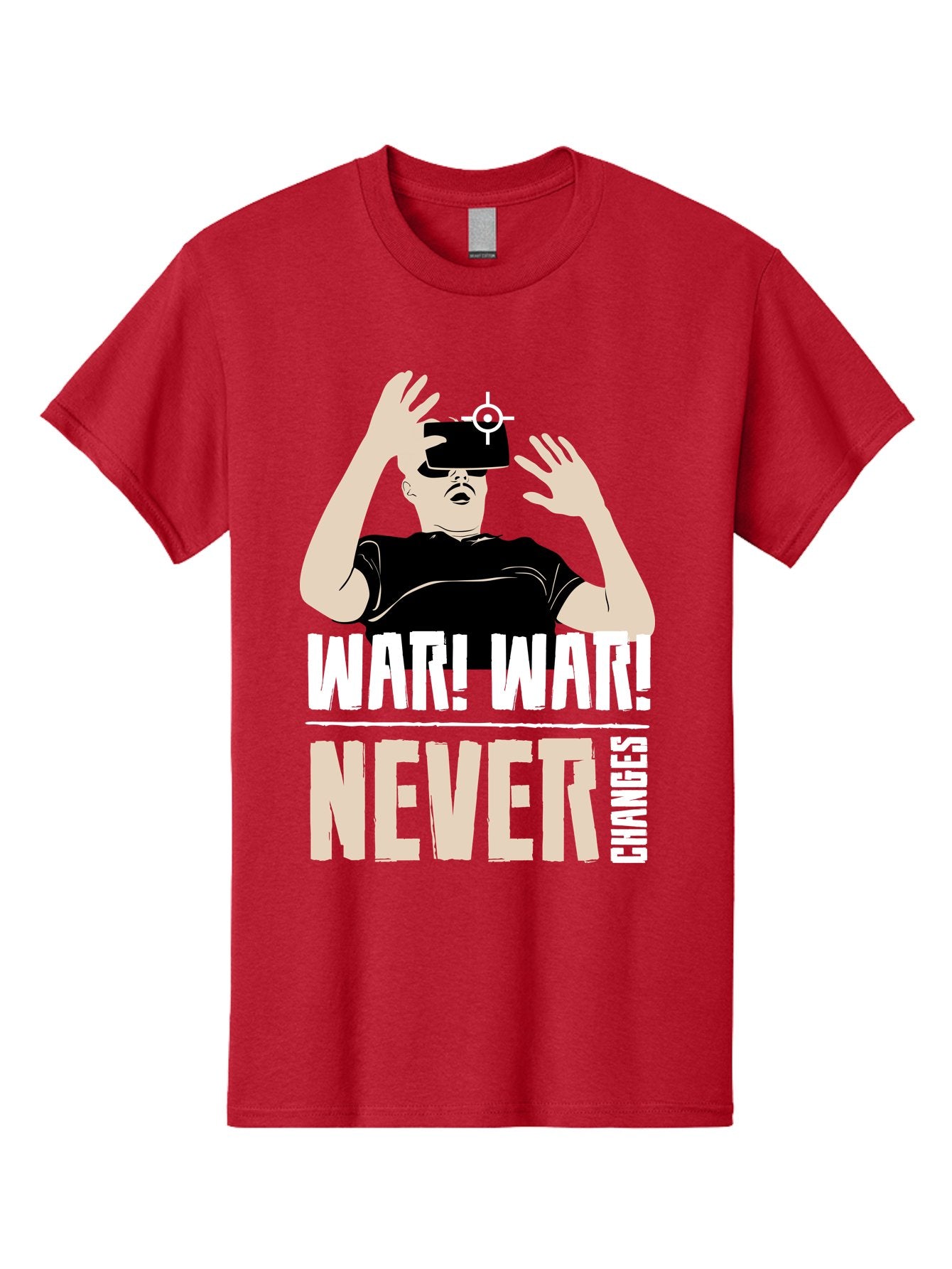 War-War-Never-Changes Men'S Graphic Tee, 100% Cotton, Comfortable Casual Summer Wear, Machine Washable, Man Wearing Vr Headset, Futuristic Technology, Gaming Experience, Immersive Reality, Bold Typography, Contrasting Colors, -  Aaa666 8
