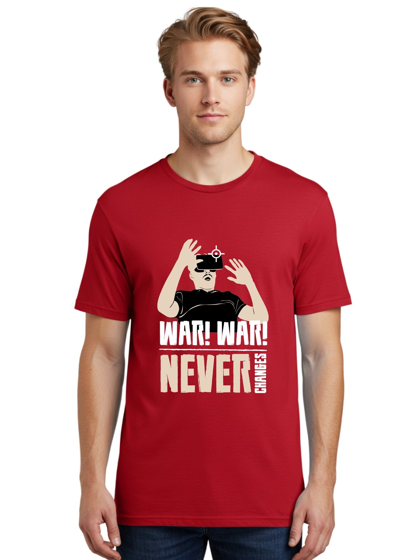 War-War-Never-Changes Men'S Graphic Tee, 100% Cotton, Comfortable Casual Summer Wear, Machine Washable, Man Wearing Vr Headset, Futuristic Technology, Gaming Experience, Immersive Reality, Bold Typography, Contrasting Colors, -  Aaa666 25