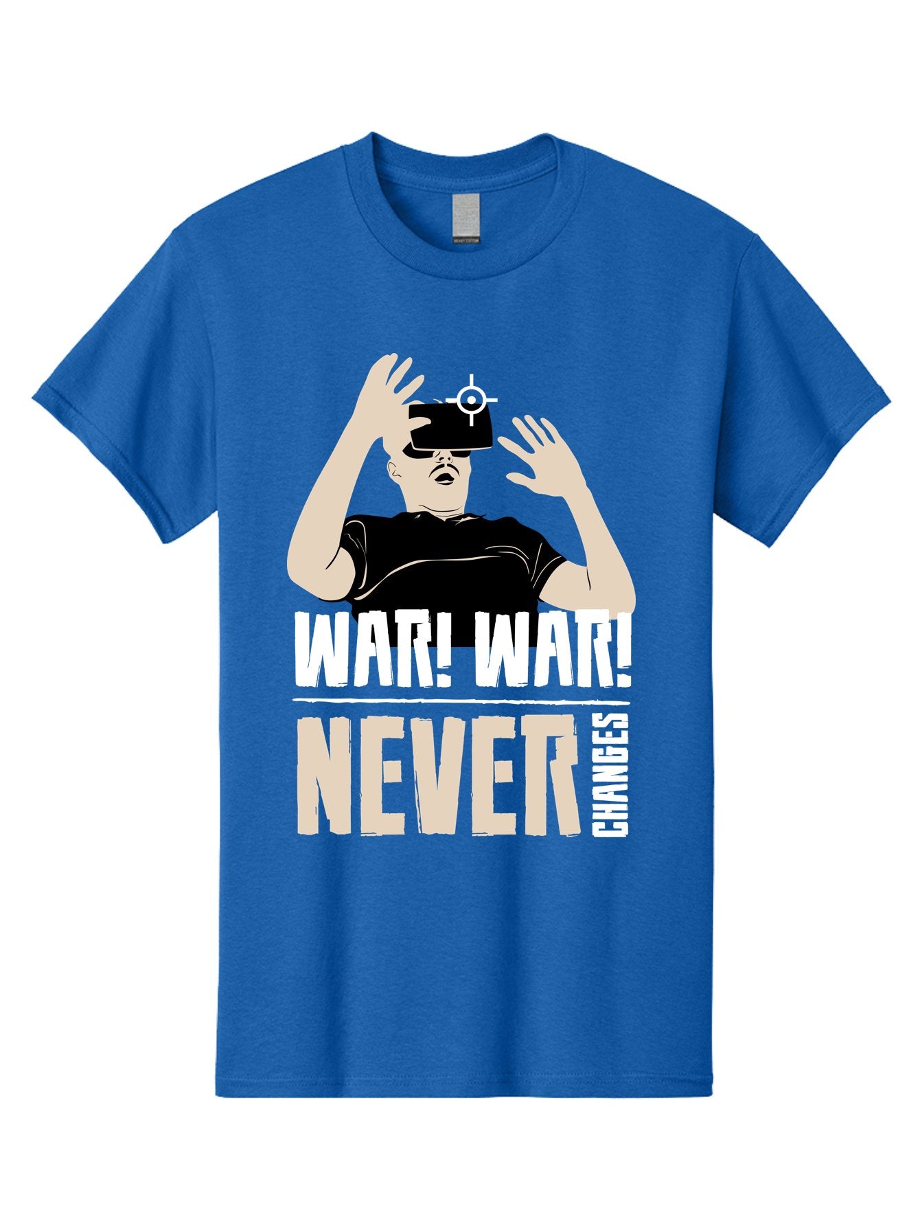 War-War-Never-Changes Men'S Graphic Tee, 100% Cotton, Comfortable Casual Summer Wear, Machine Washable, Man Wearing Vr Headset, Futuristic Technology, Gaming Experience, Immersive Reality, Bold Typography, Contrasting Colors, -  Aaa666 3