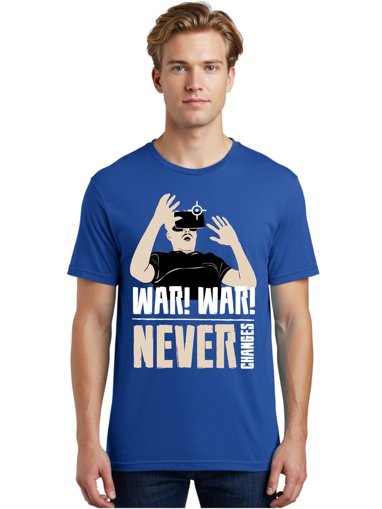 War-War-Never-Changes Men'S Graphic Tee, 100% Cotton, Comfortable Casual Summer Wear, Machine Washable, Man Wearing Vr Headset, Futuristic Technology, Gaming Experience, Immersive Reality, Bold Typography, Contrasting Colors, -  Aaa666 22