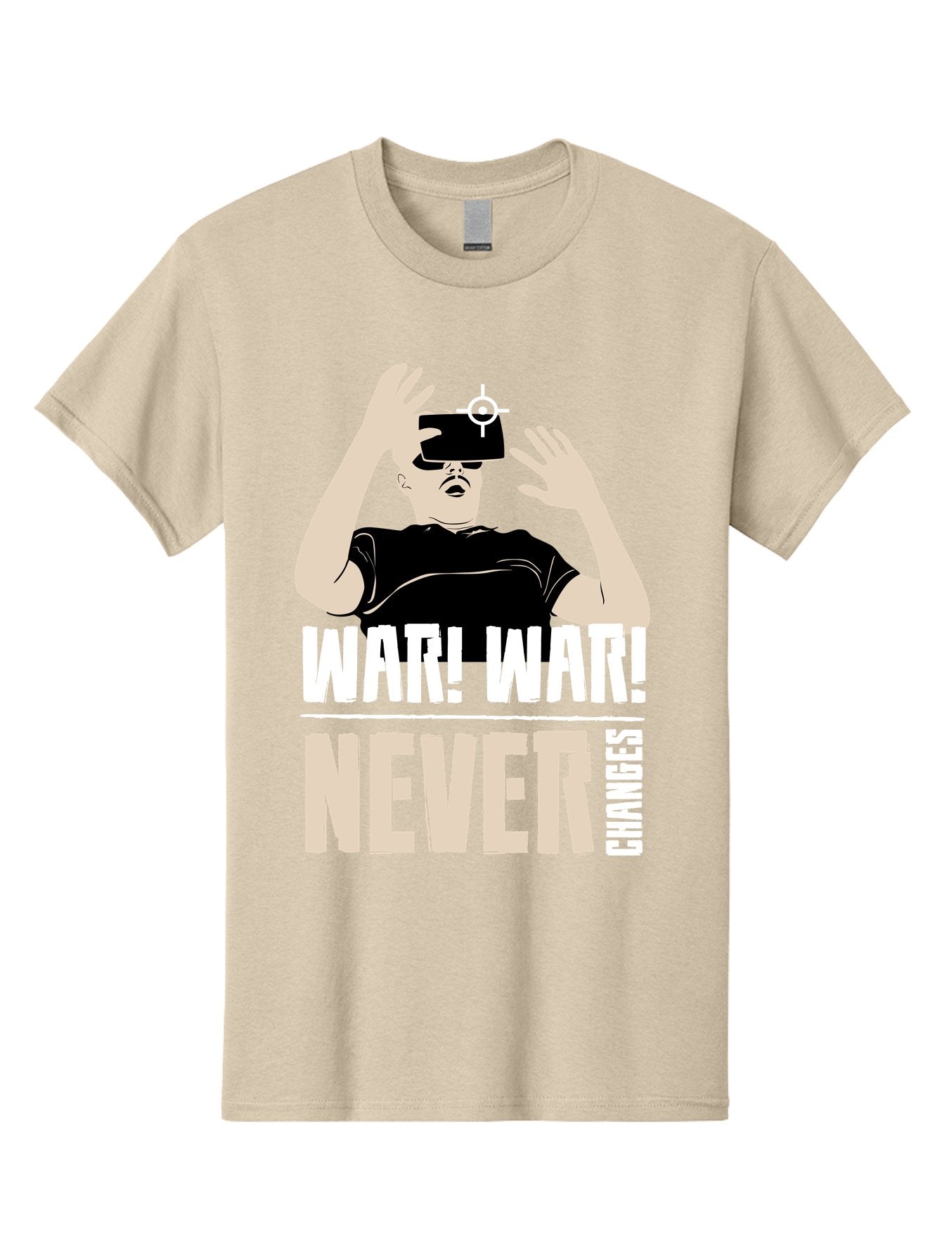 War-War-Never-Changes Men'S Graphic Tee, 100% Cotton, Comfortable Casual Summer Wear, Machine Washable, Man Wearing Vr Headset, Futuristic Technology, Gaming Experience, Immersive Reality, Bold Typography, Contrasting Colors, -  Aaa666 10